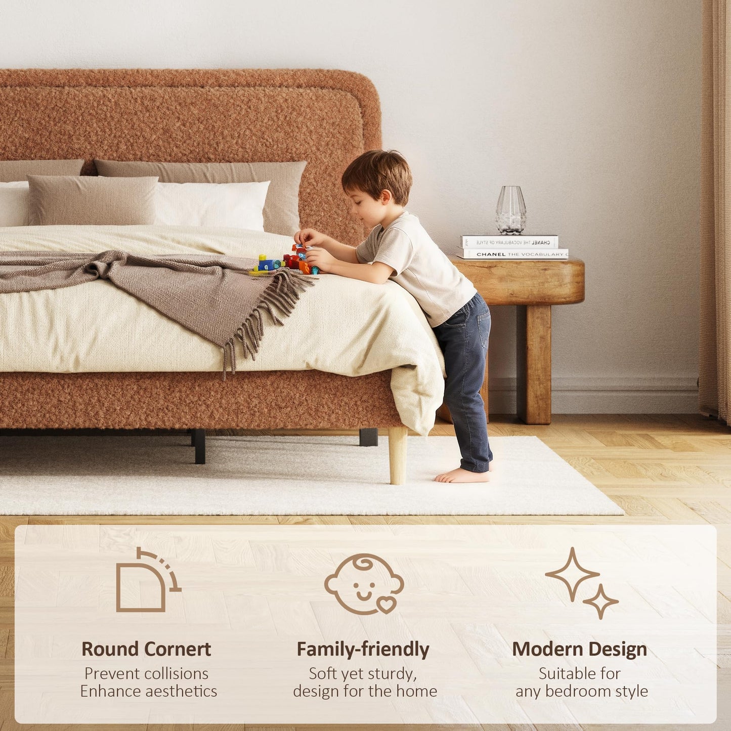 JULYFOX Boucle Upholstered Bed Frame with Adjustable Headboard Height, No Box Spring Needed, Noise Free Platform Bed Frame, Teddy Soft Fabric Bed Base, 1000 Lbs Heavy Duty Support (Brown, King)