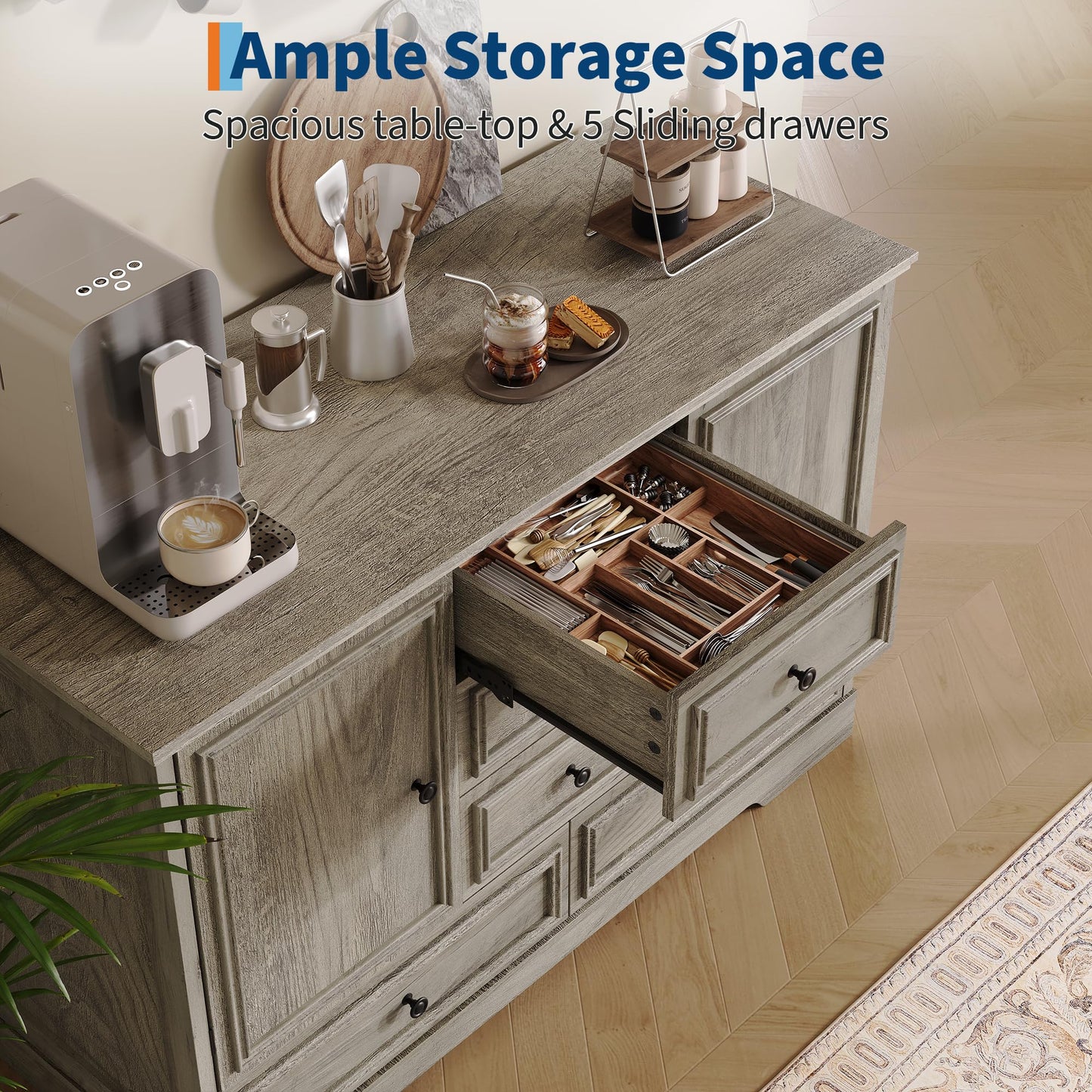 Garvee Farmhouse Sideboard Buffet Cabinet with 5 Drawers and 2 Doors, 47" Kitchen Storage Cabinet, Wood Coffee Bar Cabinet with Adjustable Shelves for Dining Room Living Room, Grey