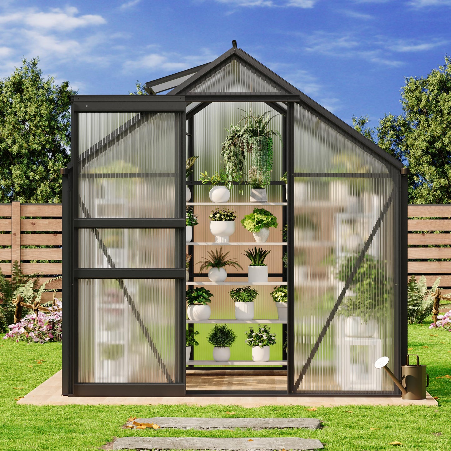 GarveeLife 6 x 6 FT Walk-in Greenhouses for Outside, Polycarbonate Greenhouse with Sliding Door, Adjustable Roof Vent, Aluminum Frame, Backyard Green Houses for Patio Garden