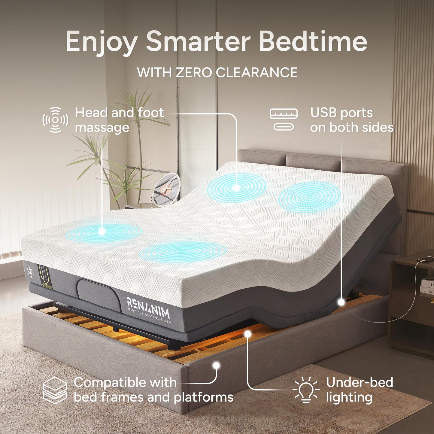 Renanim SFE Twin XL Adjustable Bed Frame with Mattress - 14" Hybrid Memory Foam - Zero Clearance, Wireless Remote for Head & Foot Incline, Zero Gravity - Electric Massage, Underbed Lights, 4 USB Ports