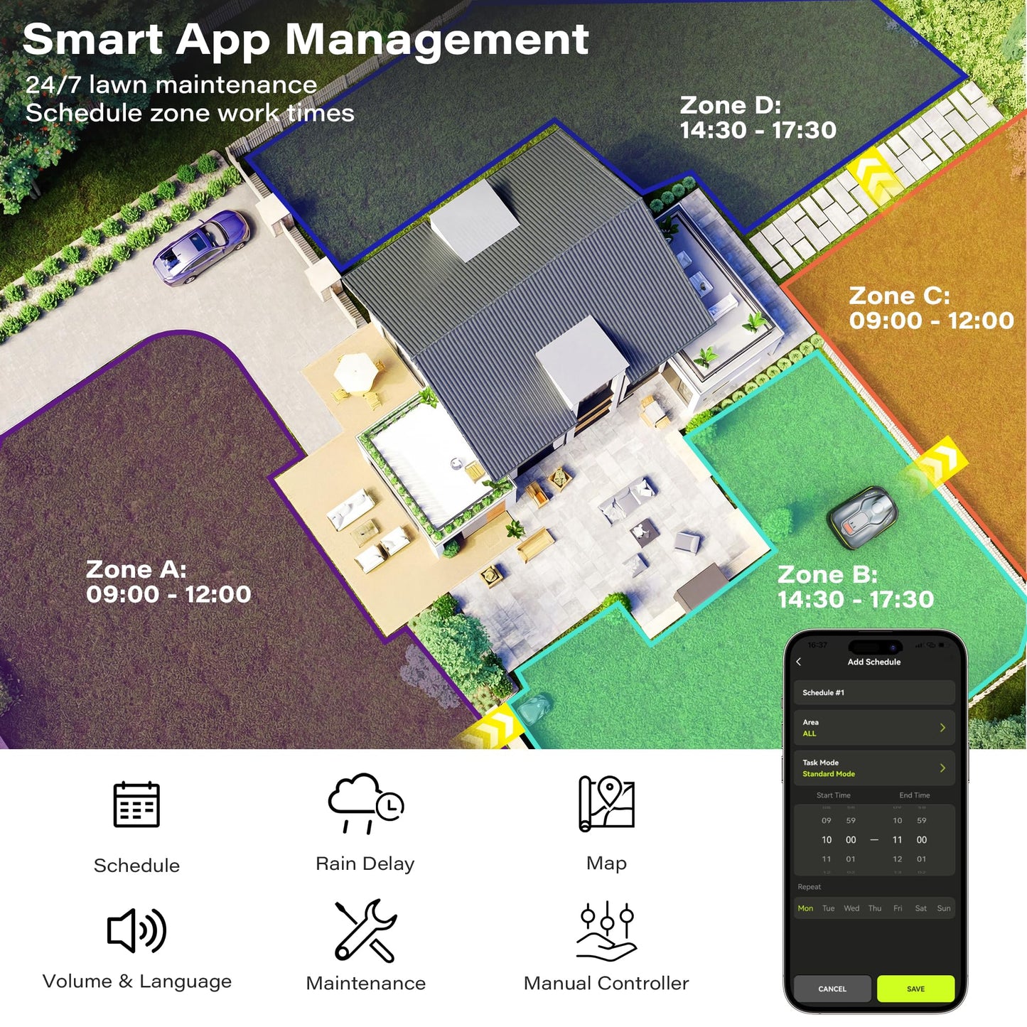 SUNTEK RTK Robot Lawn Mower, Perimeter Wire Free RTK+Vision Robotic Lawnmower for 1/4 Acres Lawn, Auto Mapping, APP Control, Multi-Zone Management, 35% Slope, Cutting Height 1.2''~2.4''