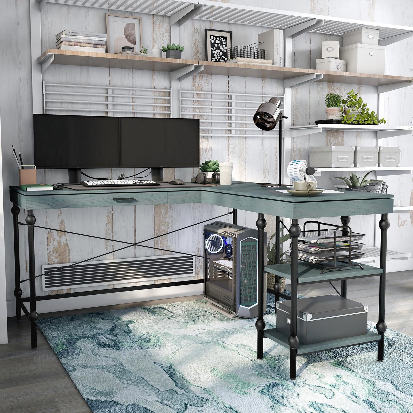 24/7 Shop at Home Monier Farmhouse Metal 2 Shelves Corner Computer Desk with USB Port, Power Outlet, 1 Drawer for Workstation, Home Office, Study Room, Antique Blue
