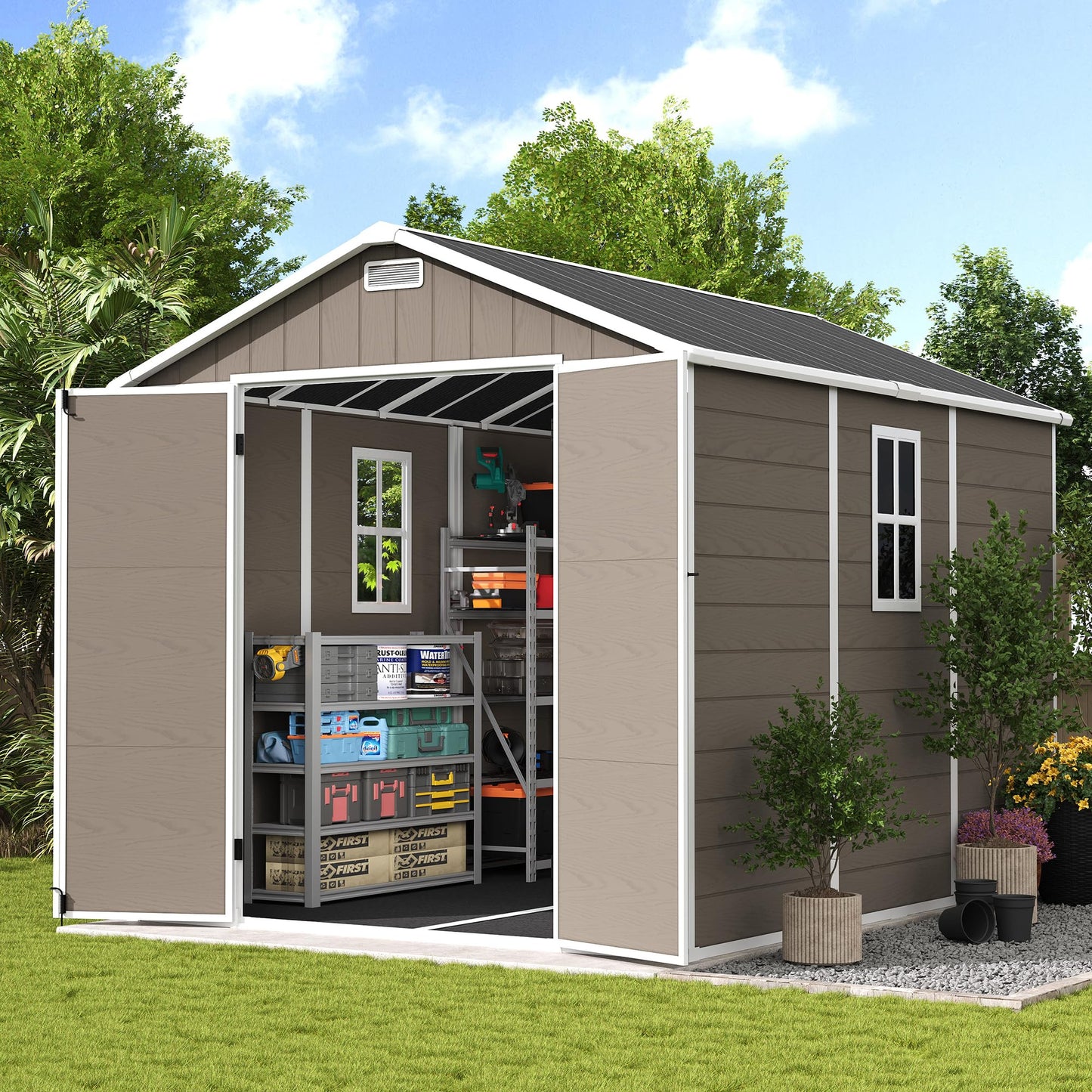 UDPATIO Outdoor Resin Storage Shed 8 x 10 FT, Plastic Storage Shed with Floor Large Outdoors Garden Tool Storage Shed Outside Clearance Shed with Lockable Door for Bike, Backyard, Patio, Brown