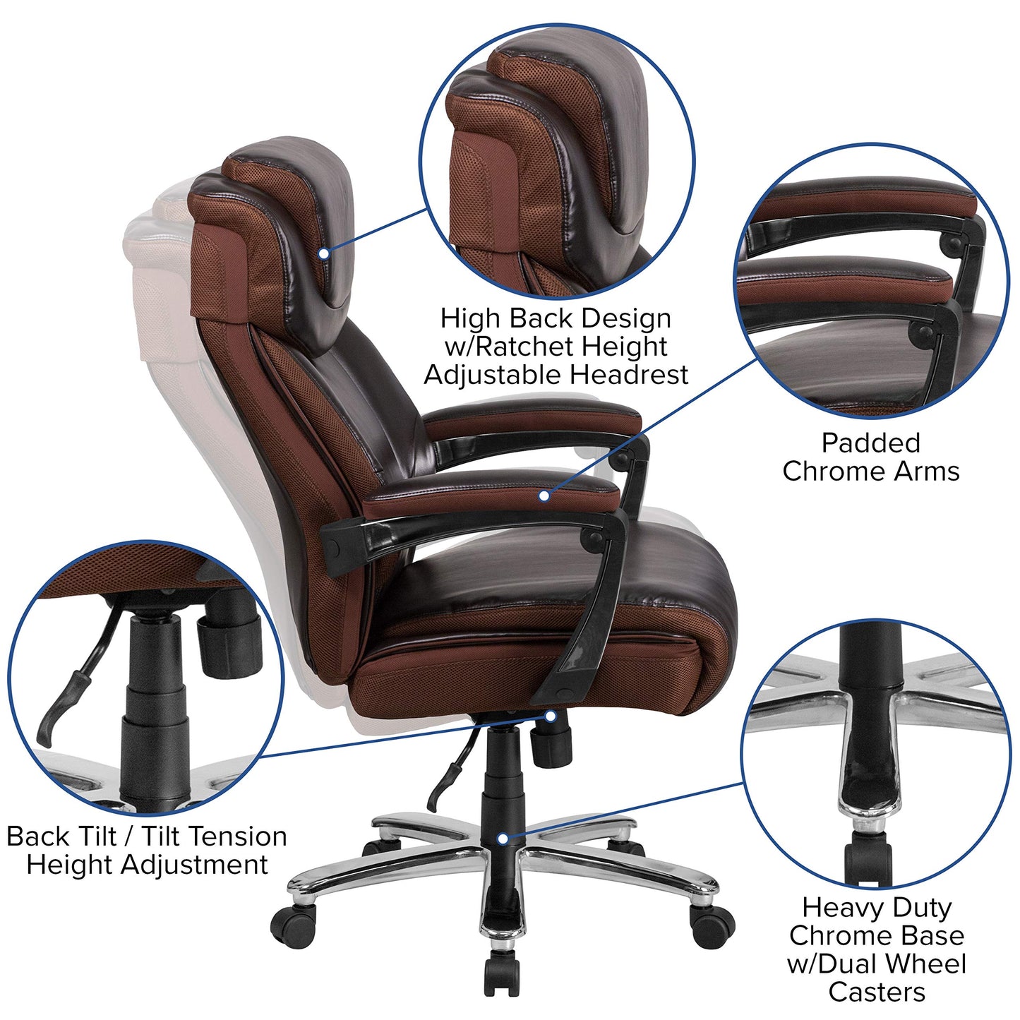Flash Furniture Hercules Series High-Back Swivel LeatherSoft Office Chair, Ergonomic Executive Chair with Headrest and Adjustable Height, Brown