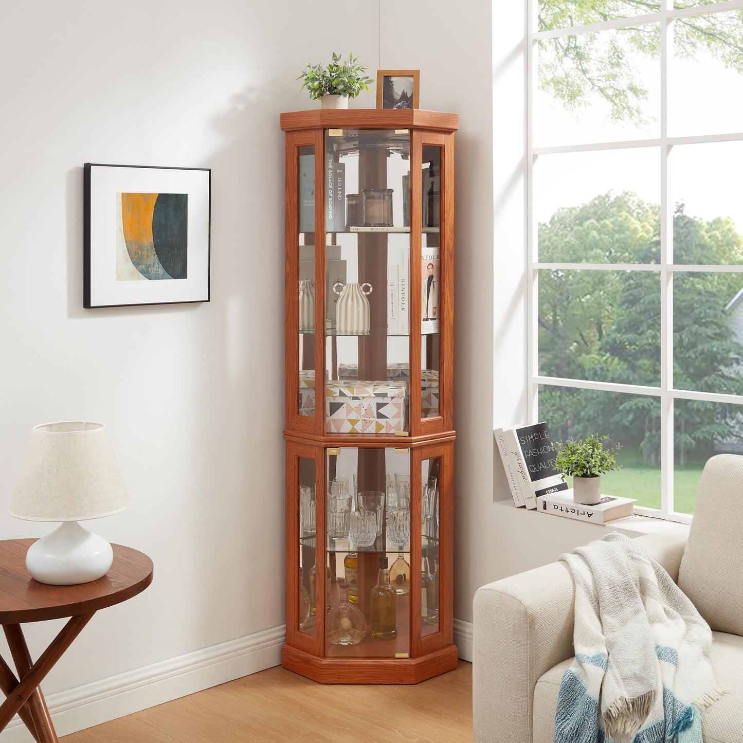 KEIKI 70" Corner Glass Display Cabinet with Adjustable Shelves, for Collectibles, Storage Curio Cabinet with Side-Hung Pane Doors, 5-Tier Showcase Display Case, Easy Assembly, for Living Room, Oak