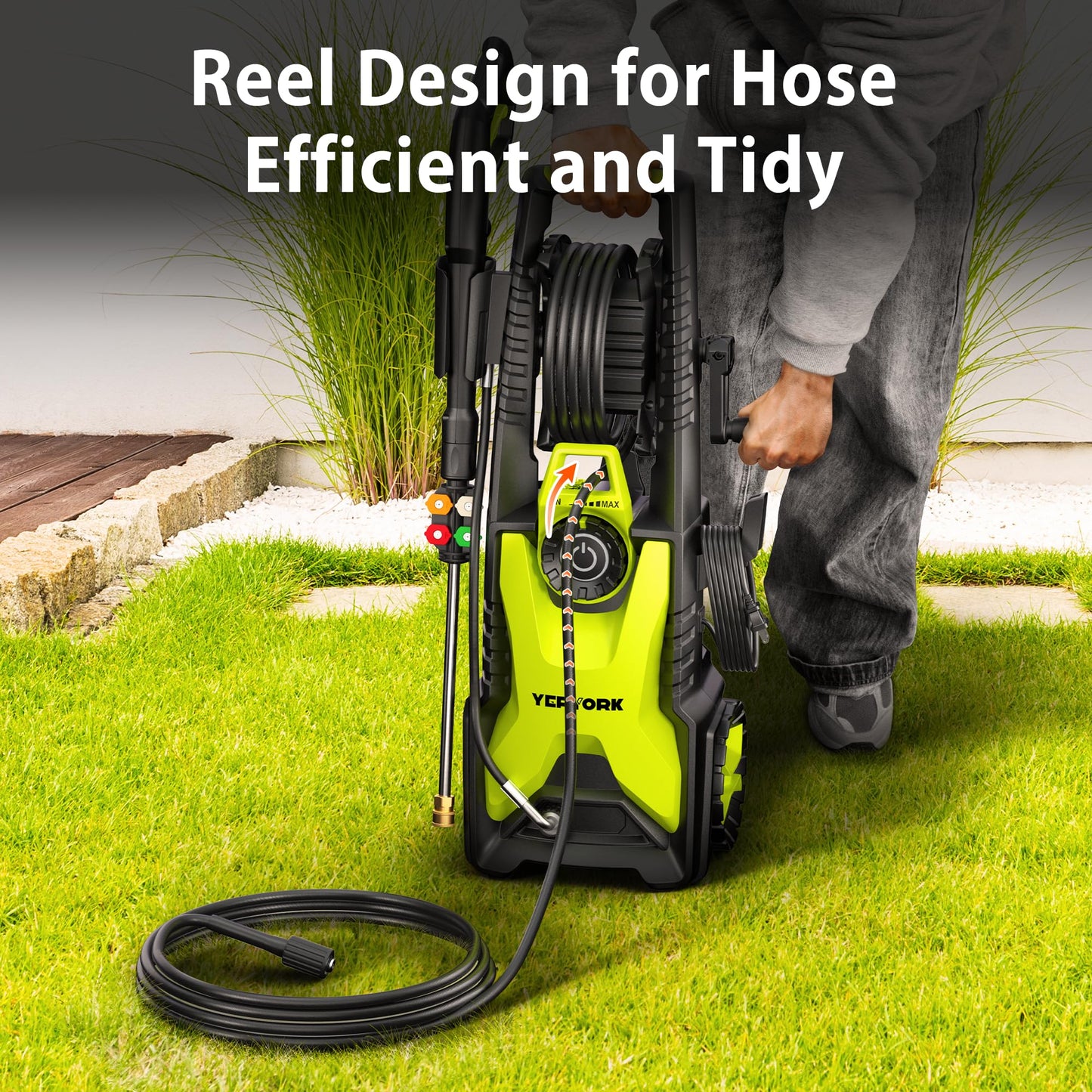 Yeryork Adjustable 5000 PSI Pressure Washer,2.5 Max GPM Power Washer with 33 FT Retractable Hose Reel, Stainless Steel Lance, 500ml Foam Cannon, 4-Nozzle Set, Washer for Cars, Fences, Patios