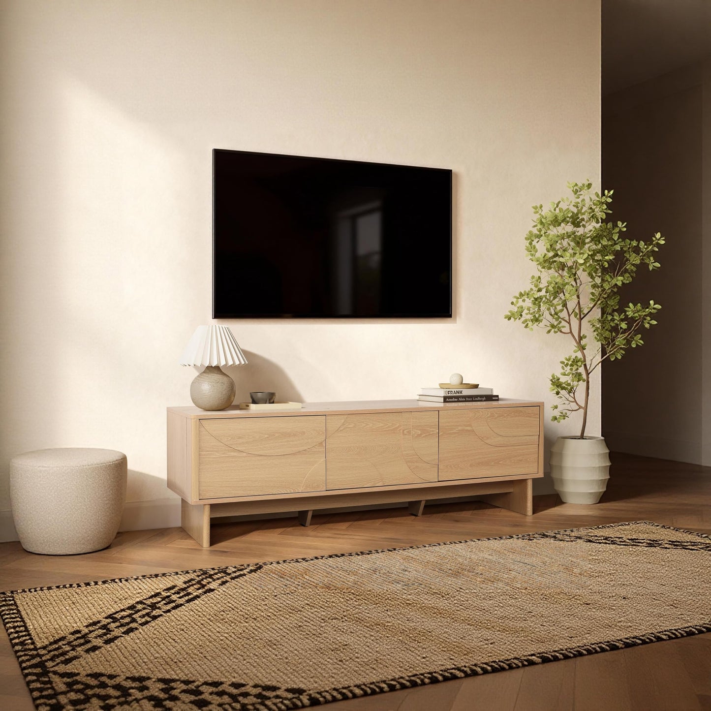 LuxenHome 59" Oak TV Stands for 65 Inch TV, Modern Entertainment Center for Living Room, Low Profile Wooden Media Console Cabinet with Doors for Bedroom, Light Wood TV Console Table
