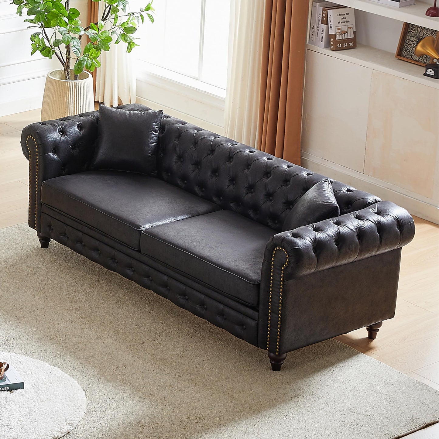 KEIKI Chesterfield Sofa, Retro Style Upholstered 3+3 Seats Tech Fabric Couch with Rolled Arm for Living Room Bedroom Office, Black