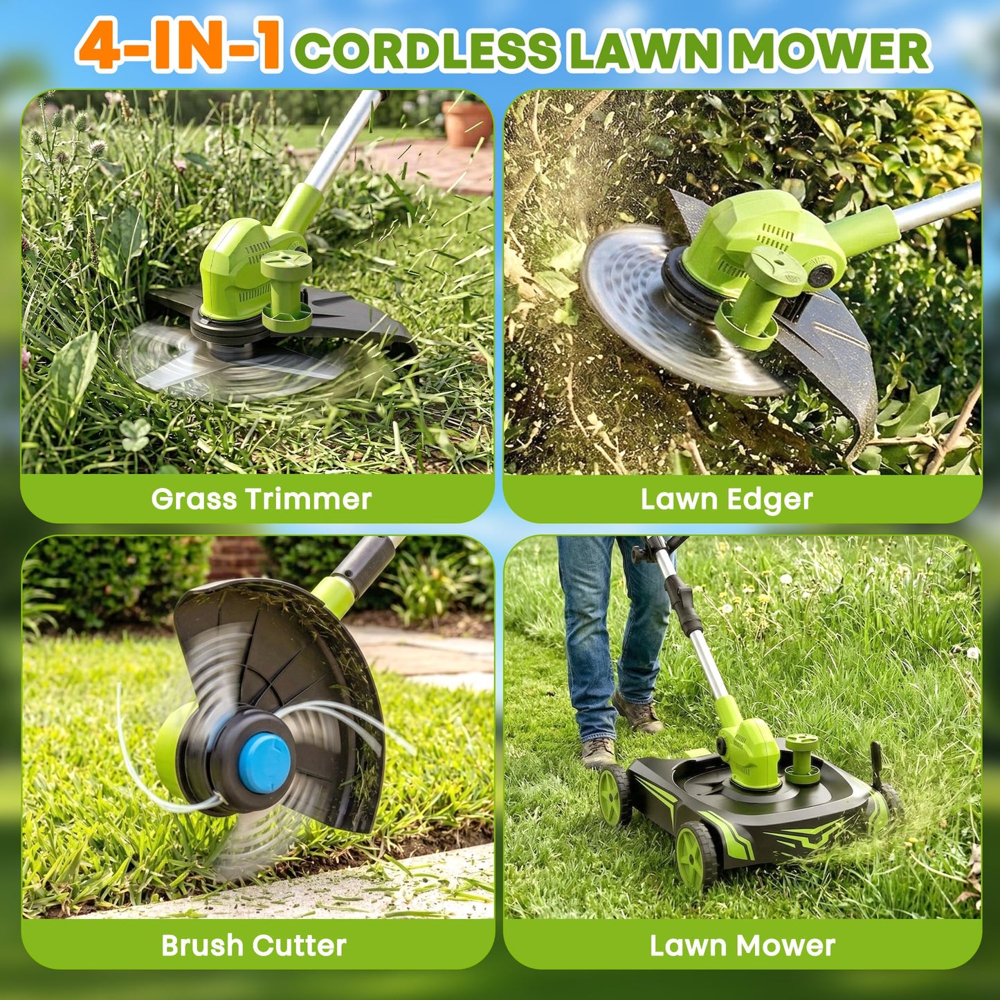 4-in-1 Electric Small Lawn Mower with Detachable Wheeled Base, 3 Position Cutting Height, Cordless Mini Push Mower Battery Powered for Garden/Yard/Farm, Gardening Gifts for Parents, Seniors, Women