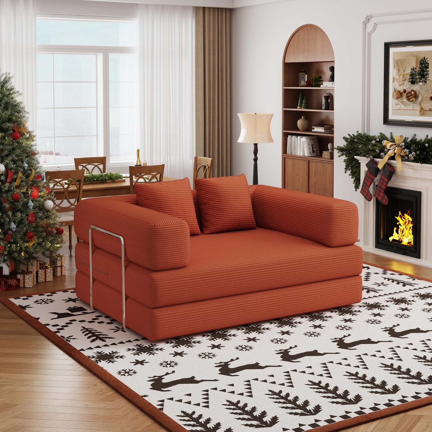 Convertible Futon Sofa Bed, 2 Seater Corduroy Floor Queen Size Bed Foldable Sleeper Lounge Boneless Loveseat Couch with 2 Throw Pillows for Living Room Bedroom Guest Room(Orange, 53.15"Double Sofa)