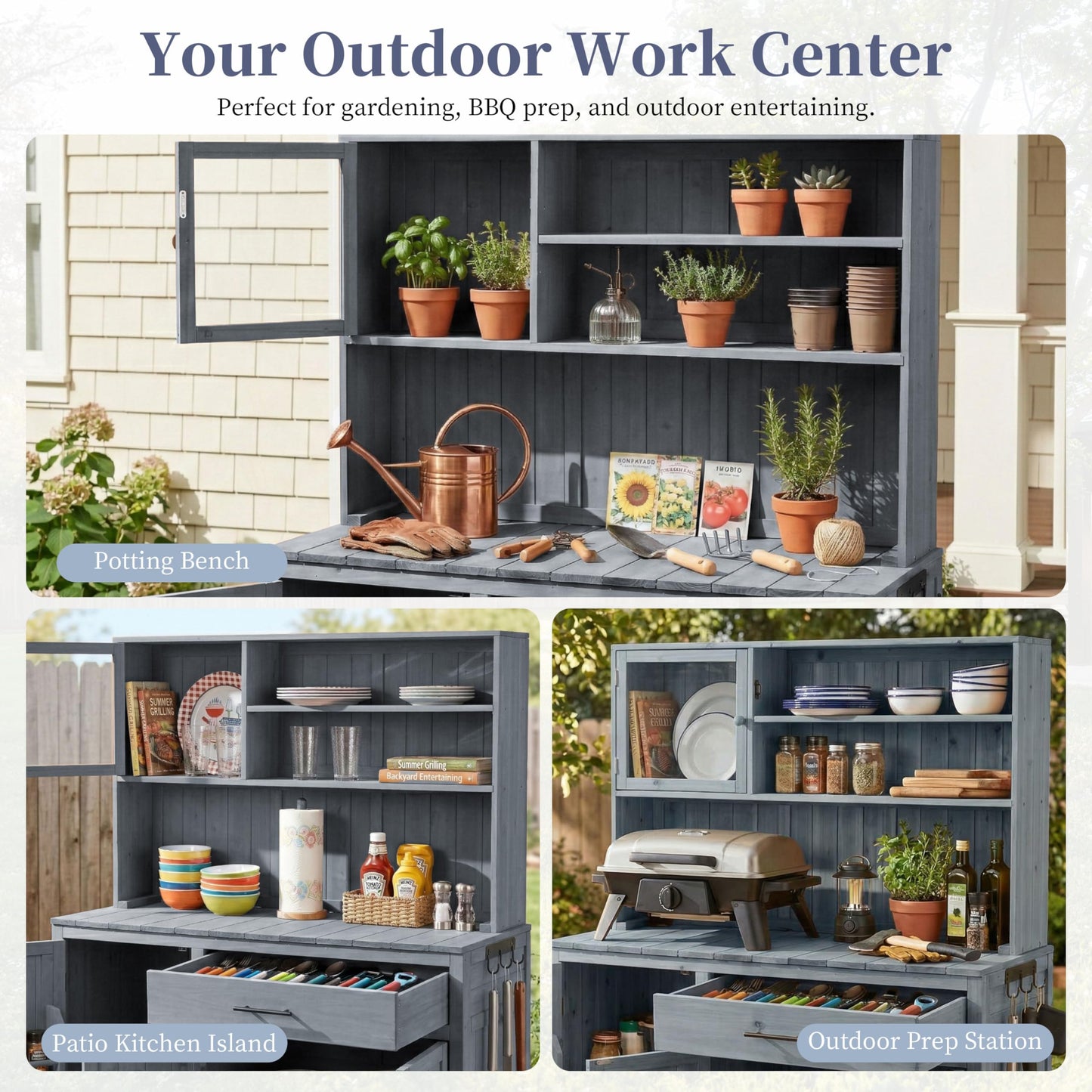 THINK 30 Potting Bench with Hutch, 65" H Solid Fir Wood Garden Workstation, Large Countertop, Patio Kitchen Island with Adjustable Shelves, Spice Rack, Side Hook and Drawer, Gray