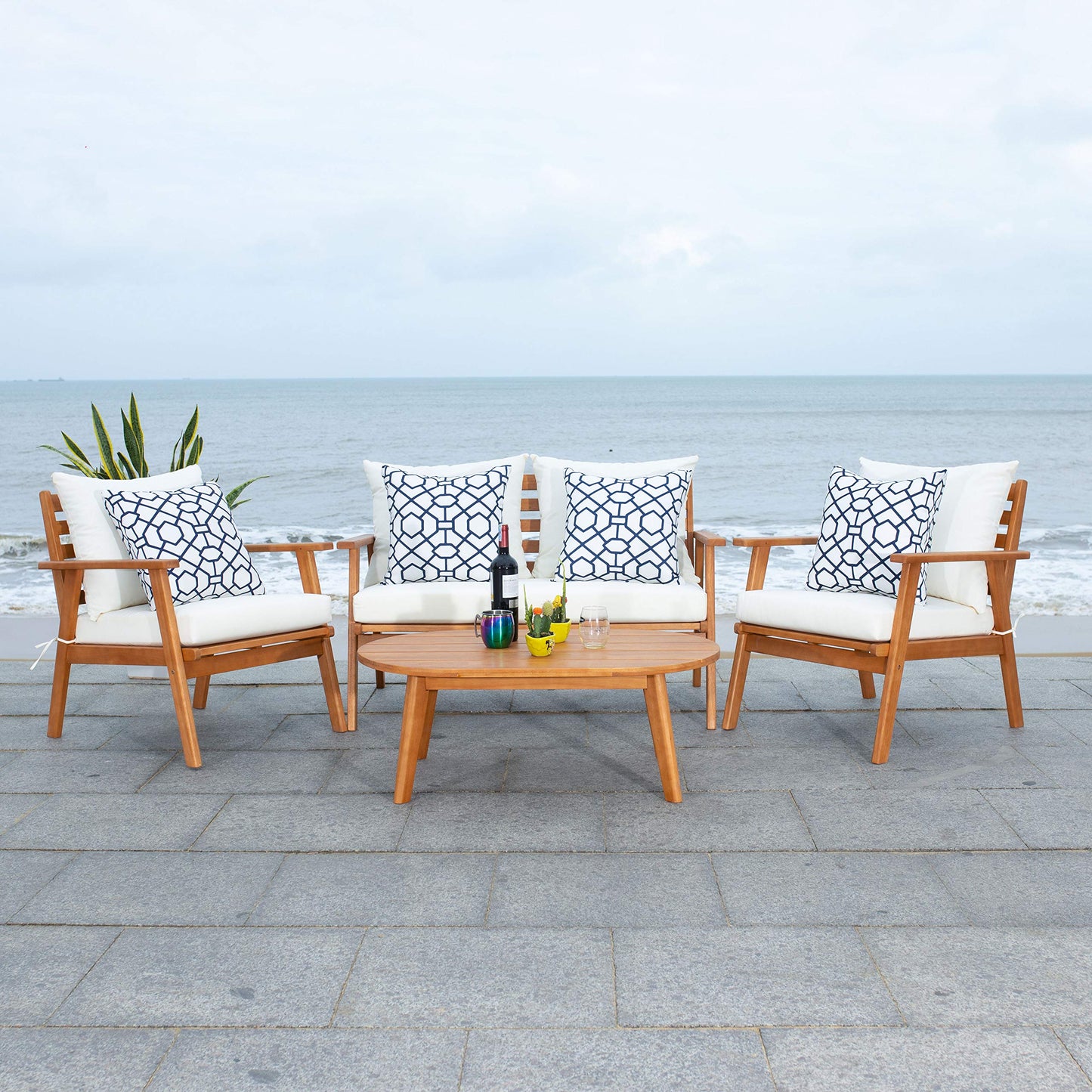 SAFAVIEH Outdoor - Deacon 4-Piece Conversation Set - Brown & Beige - Solid Wood - Coastal Slatted Design with Cushions - Ideal for Patio, Deck, Porch, Backyard (PAT7050C)