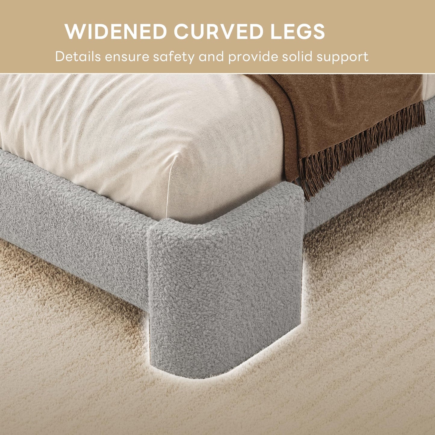 LIKIMIO Queen Bed Frame with Headboard, Upholstered Boucle Platform Bed with USB Ports, Base Camas Queen No Box Spring Needed, Gray