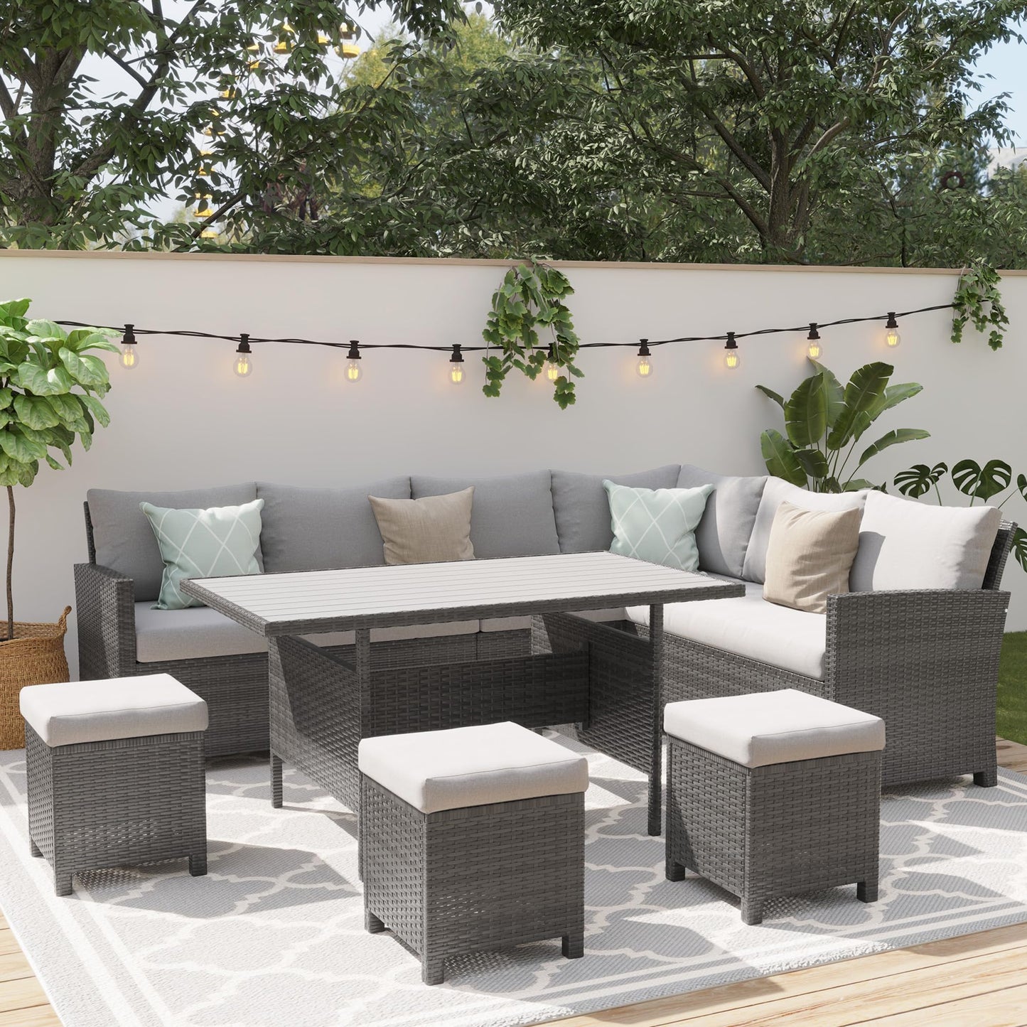 Wisteria Lane 7 Piece Patio Furniture Set, High Curved Back Wicker Patio Sectional, All Weather Outdoor Dining Set, Outdoor Furniture Patio Conversation Set with Ottoman, Ash Gray