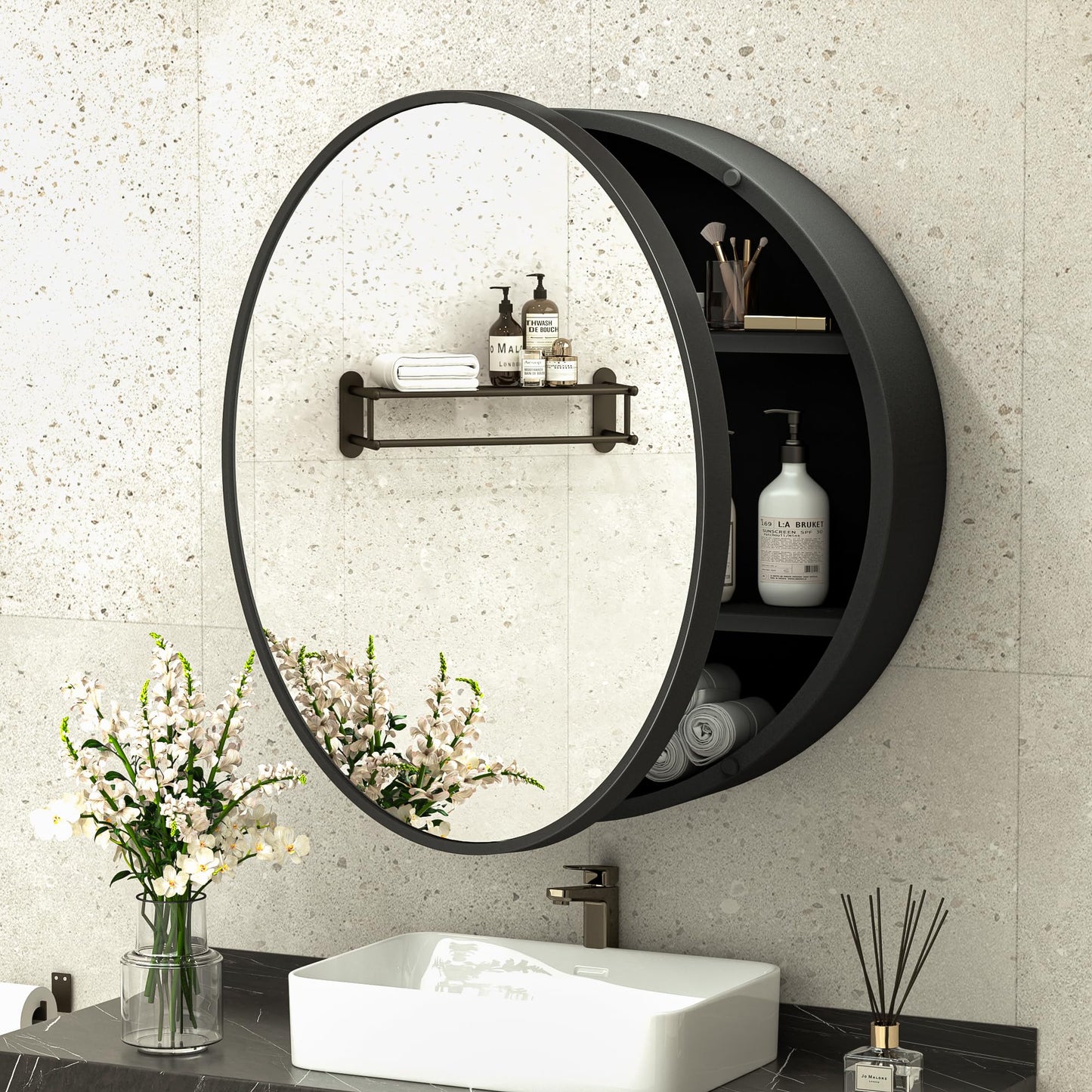 TokeShimi 24 x 24 Round Medicine Cabinet with Mirror, Black Medicine Cabinet, Circle Bathroom Mirror with Storage, Shatterproof with Metal Frame, Detachable Shelves, Wall Mounted Only