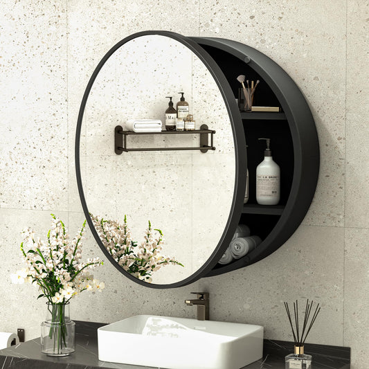 TokeShimi 24 x 24 Round Medicine Cabinet with Mirror, Black Medicine Cabinet, Circle Bathroom Mirror with Storage, Shatterproof with Metal Frame, Detachable Shelves, Wall Mounted Only