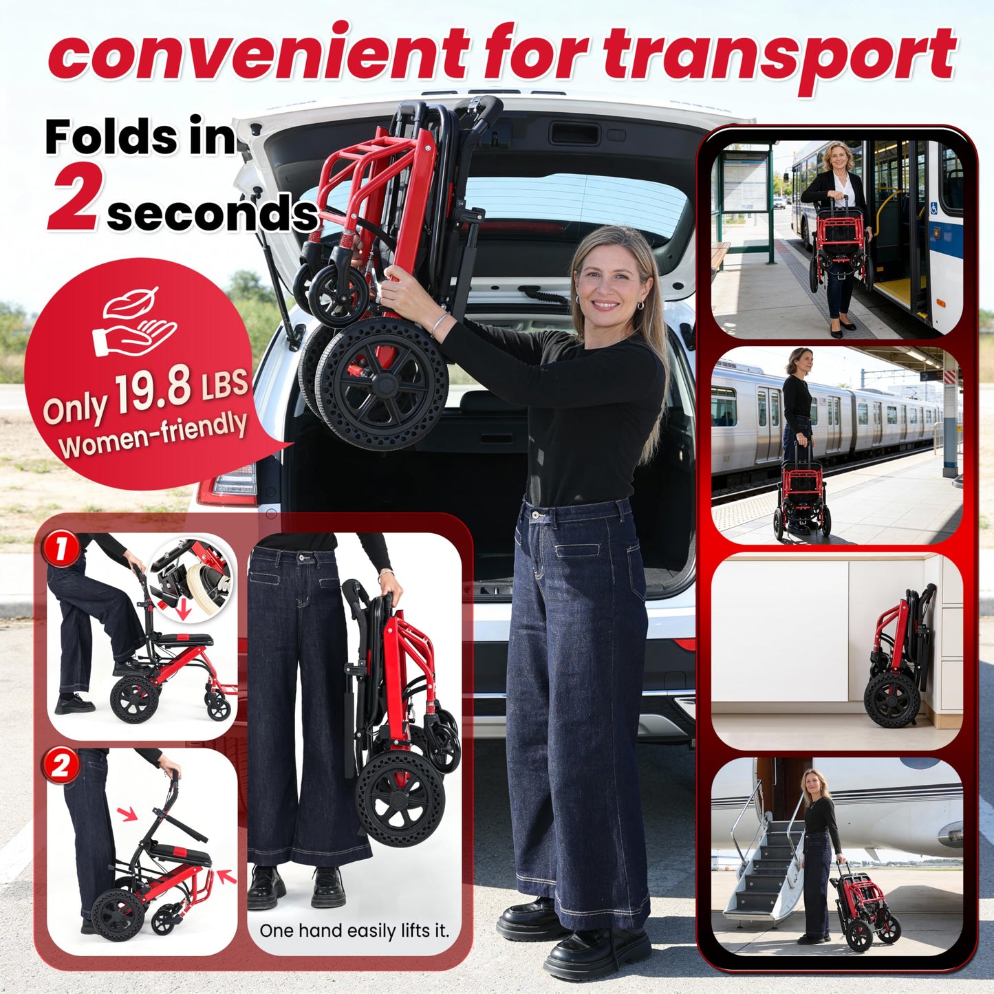 World's Lightest Transport Wheelchairs, 12'' Large Honeycomb Terrain Tire, Travel Wheelchairs with Telescopic Handle, Aluminum Wheelchair Support 220lbs, Lightweight Wheelchair with Travel Bag