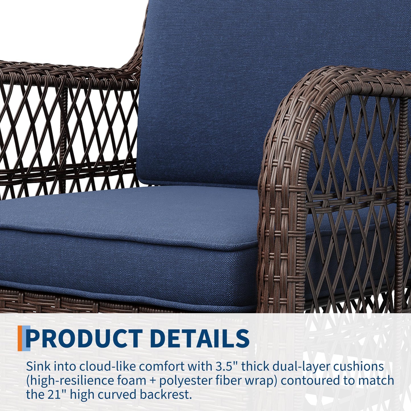 Garvee 3 Piece Outdoor Patio Furniture Set, Swivel Rocker Chairs Wicker Bistro Set with 360° Glider, 4”Thick Cushions & 2-Tier Table, Outdoor Conversation Set for Porch Balcony Backyard Deck Blue