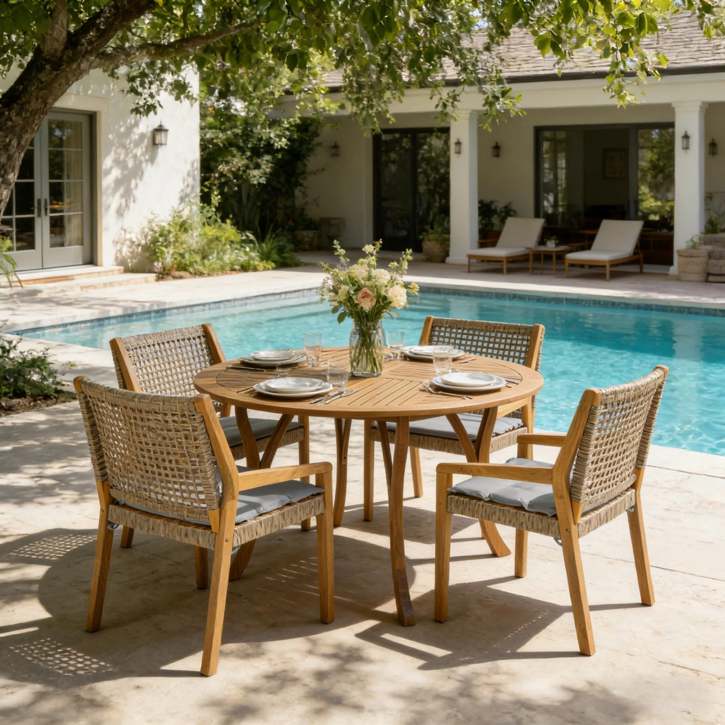 Christopher Knight Home Verle Wooden Patio Dining Set for 4, Acacia Wood Outdoor Dining Table Set for 4, 5 Piece Outdoor Dining Set with Round Table and Armchair with Seat Cushion, Teak+Grey