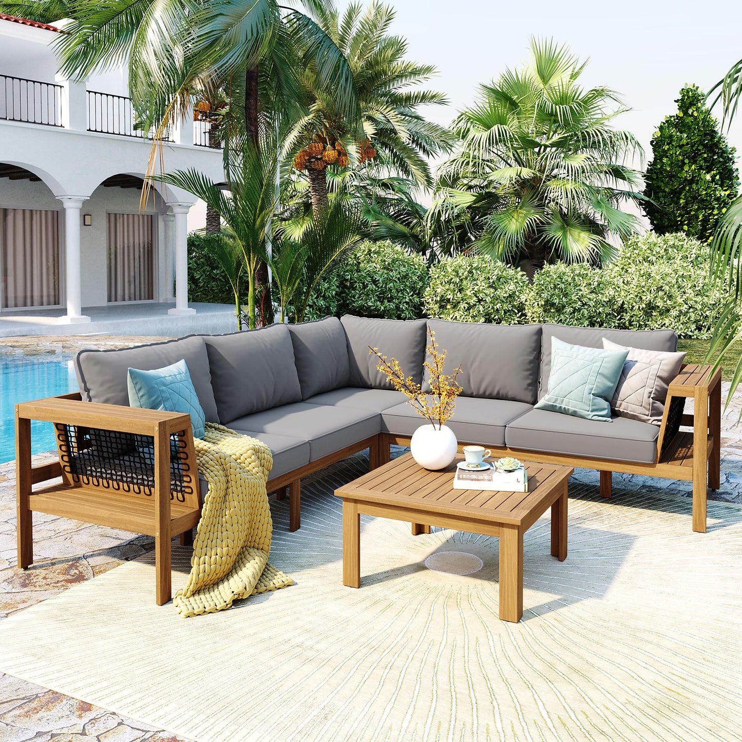 Merax 4 Pieces Patio Furniture Set, Outdoor L-Shaped Sectional Sofa Set with Coffee Table, Acacia Wood Conversation Seating & Thick Cushions and Side Table, for Backyard, Garden and Poolside, Grey