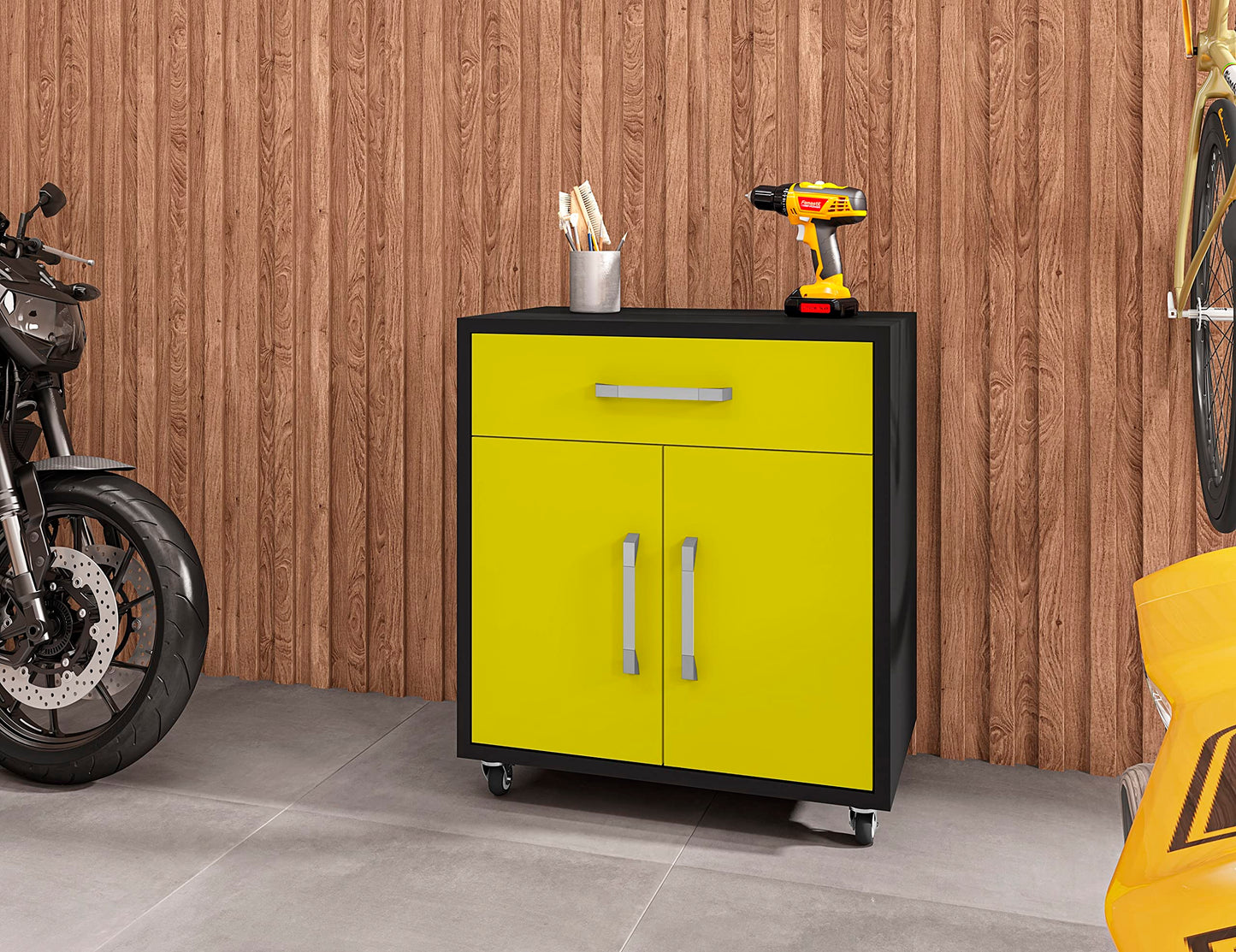 Manhattan Comfort Eiffel 28.35" Rolling Garage Cabinet with 1 Drawer, Soft Close Doors, and 2 Shelving Spaces, Wooden Mobile Outdoor Storage for Kitchen Pantry, Laundry, Office and Shop, Yellow