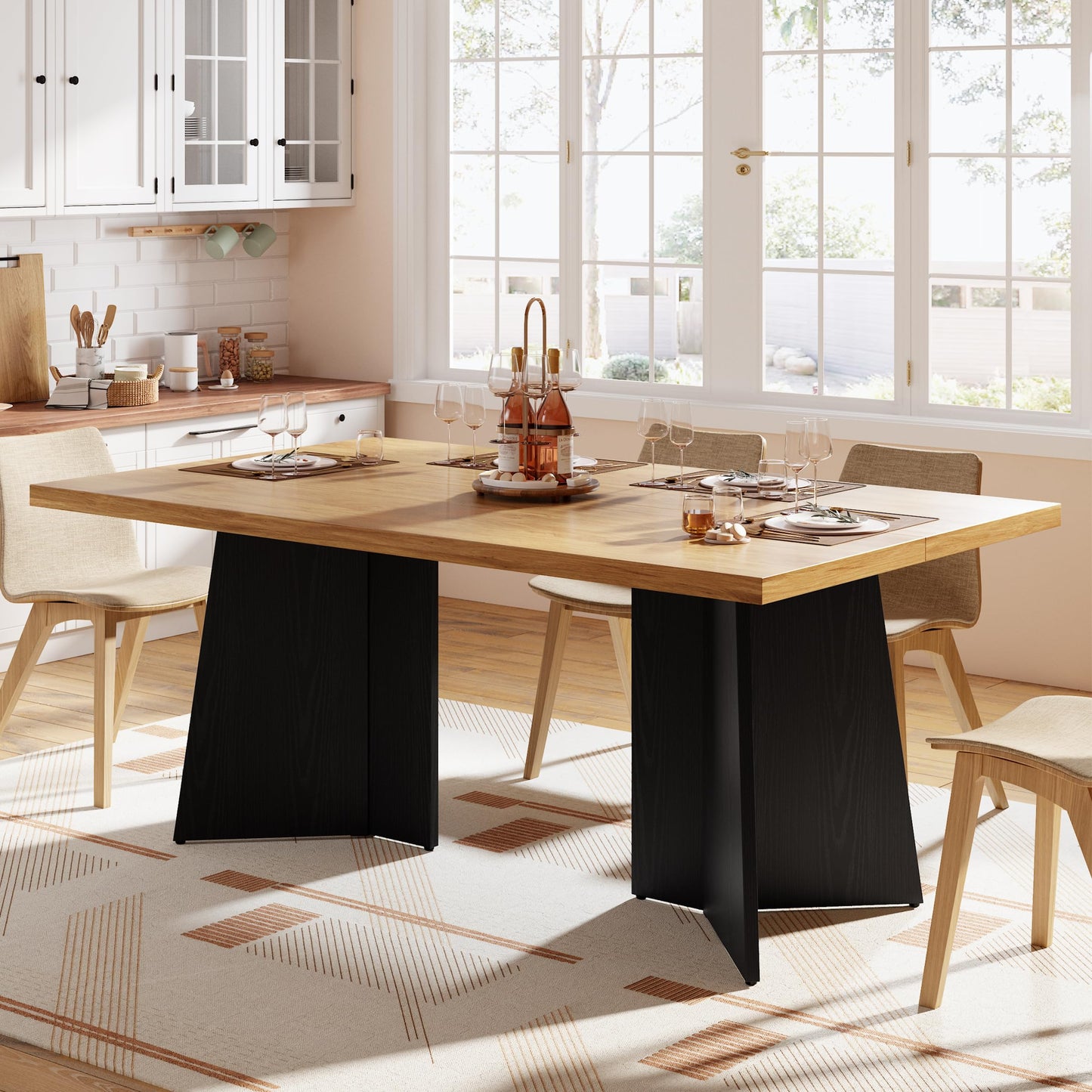 GarveeHome Dining Table for 6-8 People - 63" Modern Long Kitchen Table with Large Tabletop & Heavy Duty Pedestal Legs, Dinner Table for Kitchen, Conference Room, Home, Natural & Black