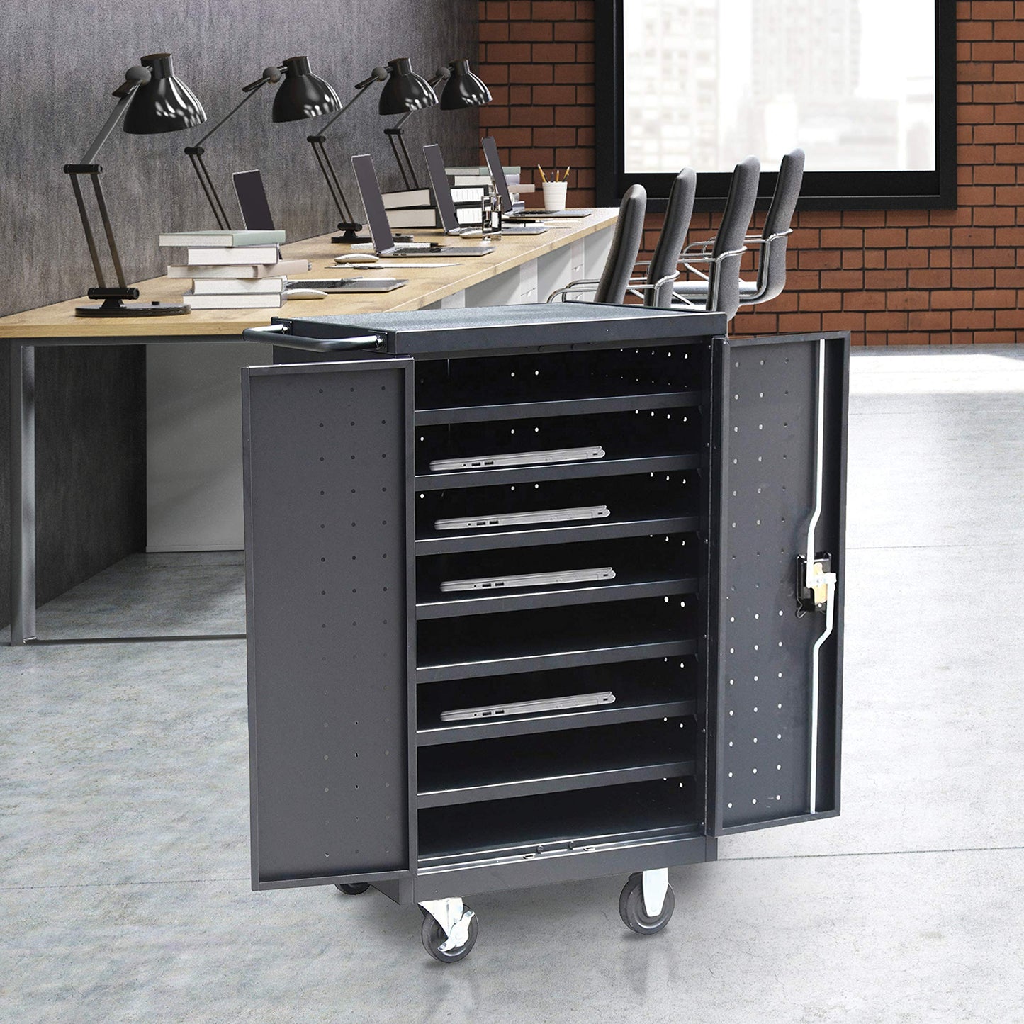 Pearington 12-Device Mobile Charging and Storage Cart for iPads, Tablets and Laptops Computers, Up to 16-inch Screen Size, Surge Protection, Front & Back Access Locking Cabinet, Black