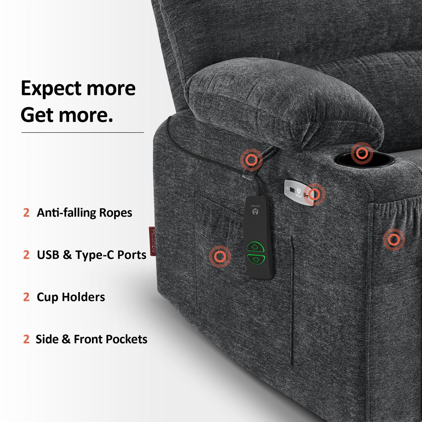MCombo Power Lift Recliner Chair for Elderly, Lift Chair with Heat and Massage, 150° Max Recline, Extra Wide Lift Recliner for Big People, Fabric R7096 (Medium-Wide, Dark Grey)