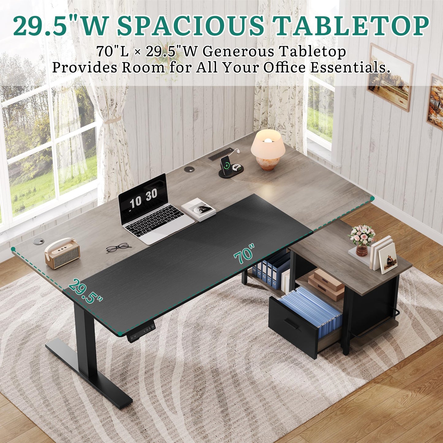 YITAHOME L Shaped Standing Desk with Power Outlets, 70.1" Electric Standing Desk Adjustable Height Sit Stand Corner Standing Desks Executive Desk with Drawers & Shelves, Grey + Black