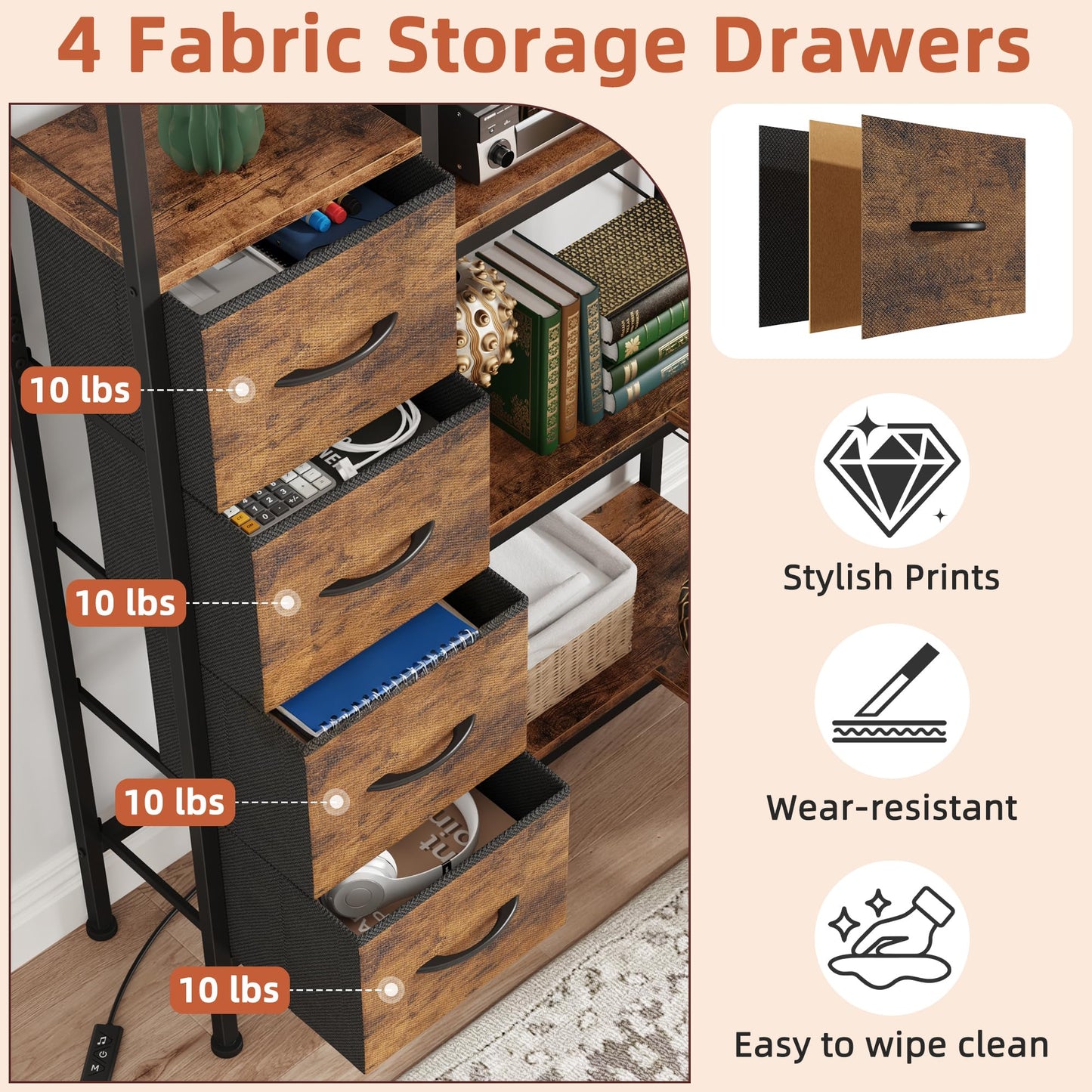 AFLUI Corner Bookshelf with LED Light Strips & 4 Fabric Drawers, 5-Tier Convertible Corner Shelf with Display Shelf, Large Wood Industrial Bookcase for Living Room, Bedroom, Home Office, Rustic Brown