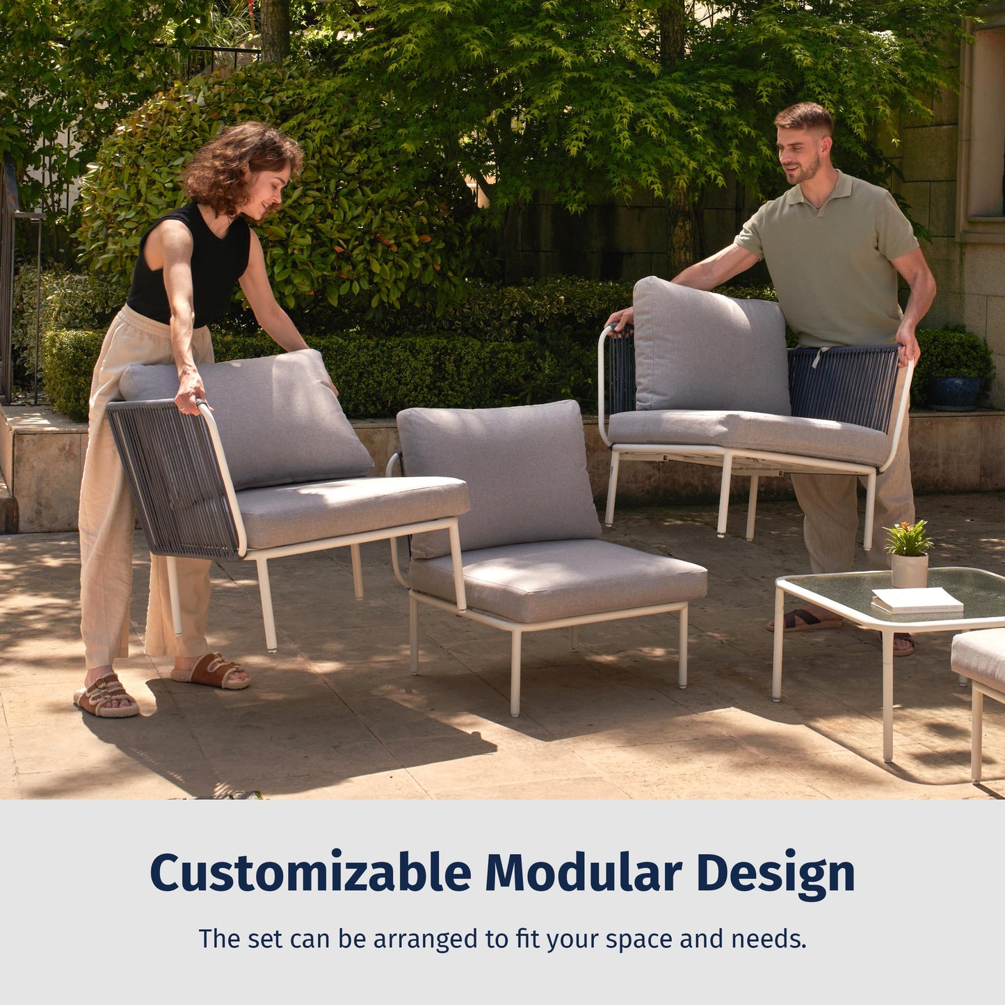 East Oak 5-Piece Montauk Modular Patio Furniture Set, Outdoor Sectional Sofa with Cushion and Glass Coffee Table, Modern Patio Conversation Set for Garden, Backyard and Porch, Grey