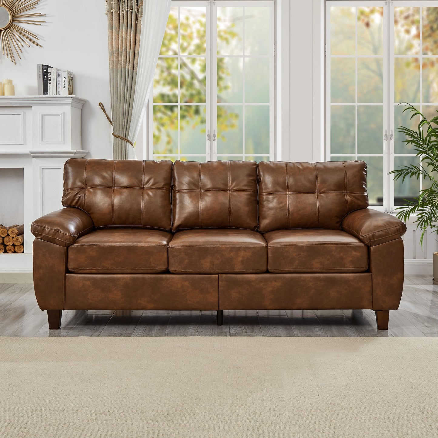 KEIKI 79"Modern PU Leather Living Room Sofa Couch with Storage, Three Seater with Wide Armrests and Tufted Back Cushions, Comfortable Spring Seat Support Couch for Living Room Apartment Lounge, Brown