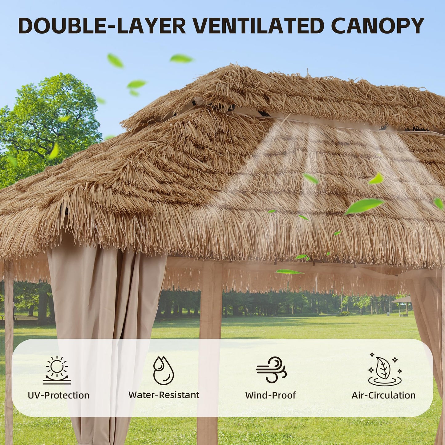 Saemoza 10 x 13 ft Thatched Gazebo Canopy, Double-Layer Ventilated Roof, Mesh Netting and Curtain Sidewalls, UV-Resistant, for Garden, Porch, Poolside, Khaki