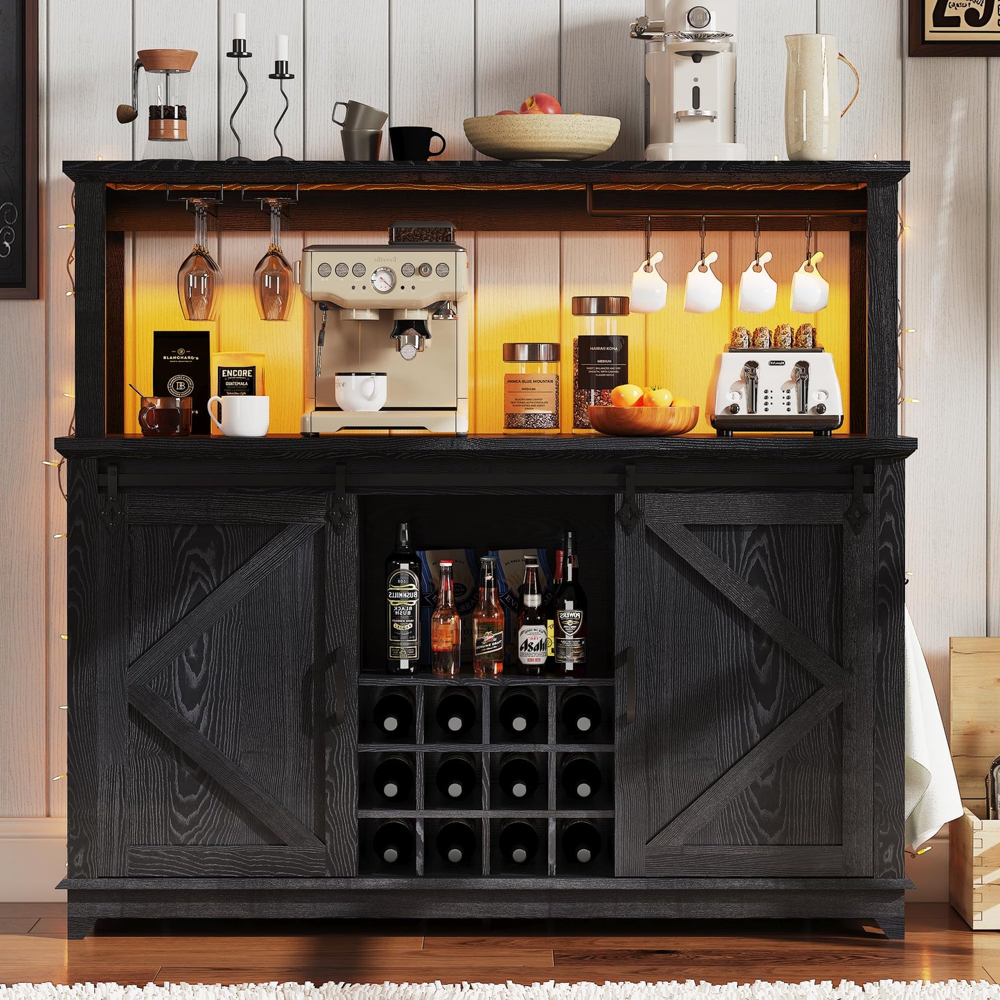 Hetoy Farmhouse Coffee Bar Cabinet 55" Tall with Sliding Barn Door, LED Light, Power Outlet – Storage Drawers, 12-Bottle Wine Rack, Ideal Coffee Hutch for Dining Room or Home Bar