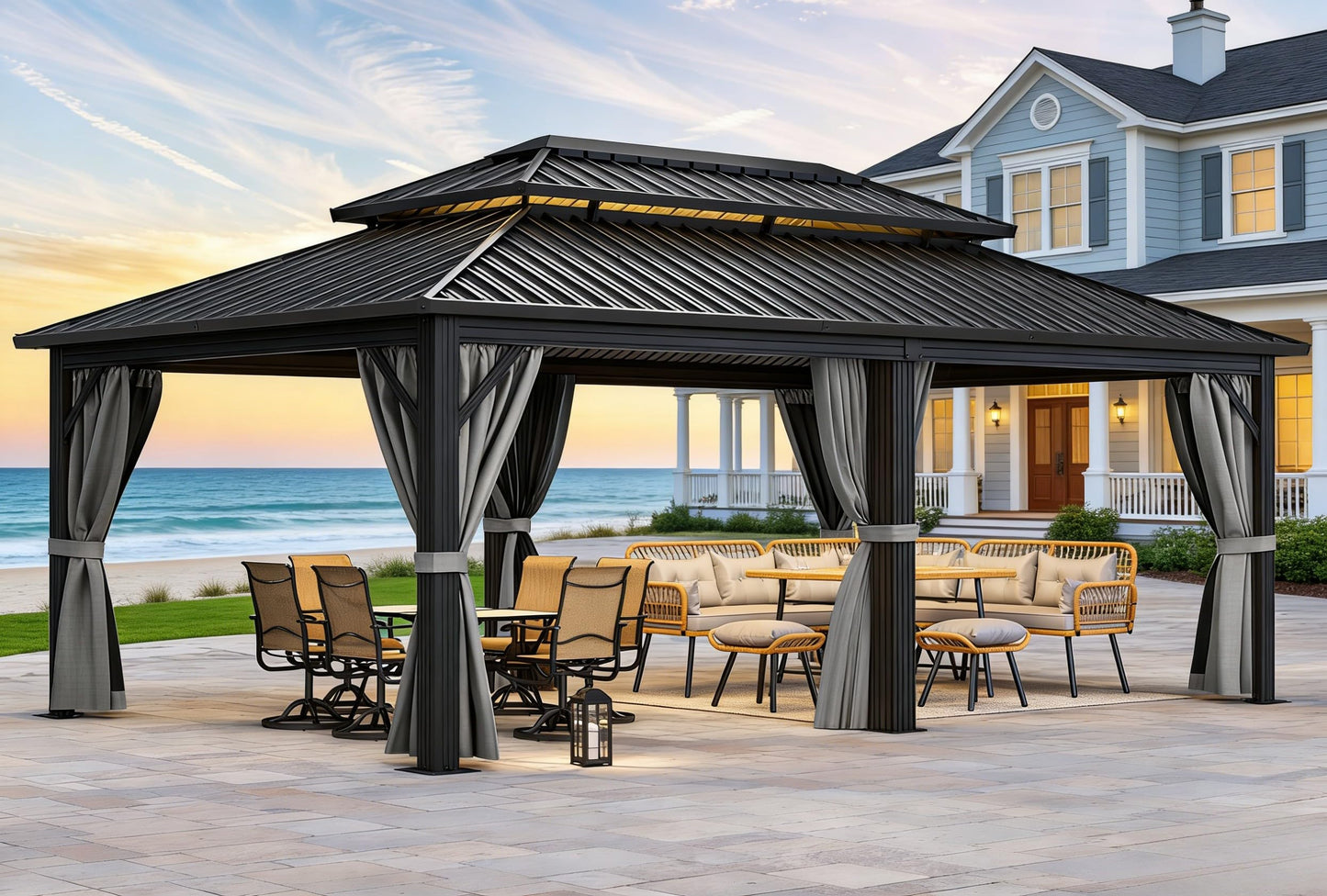 YITAHOME 12X20FT Hard Top Metal Gazebo Patios Double Roof Canopy Aluminum Frame Garden Gzebo Tent Curtains Netting for Patios Backyards Decks Lawns