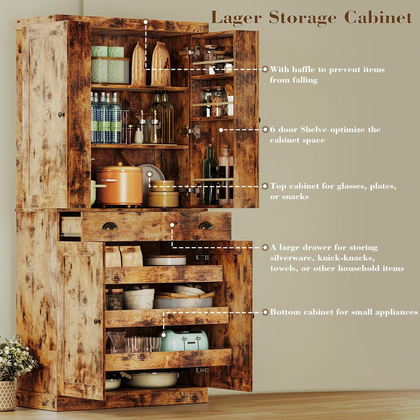 IRONCK Kitchen Pantry Cabinet 72" Height, Freestanding Cupboard with Drawer, Sliding Storage Rack, and 6 Hanging Shelves for Dining Room, Laundry, Living Room, Vintage Brown