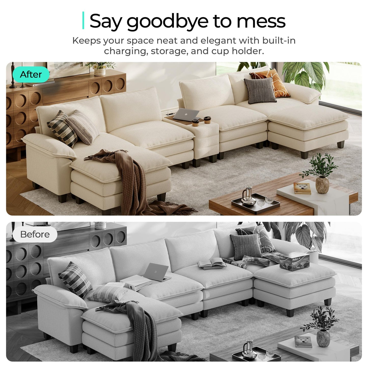 LINSY HOME Modular Sectional Sofa for Living Room, Corduroy Cloud Couch with Storage Console, USB Charging, Cup Holders, Comfy Modern Modular Cloud Couches with Movable Ottoman (Beige)