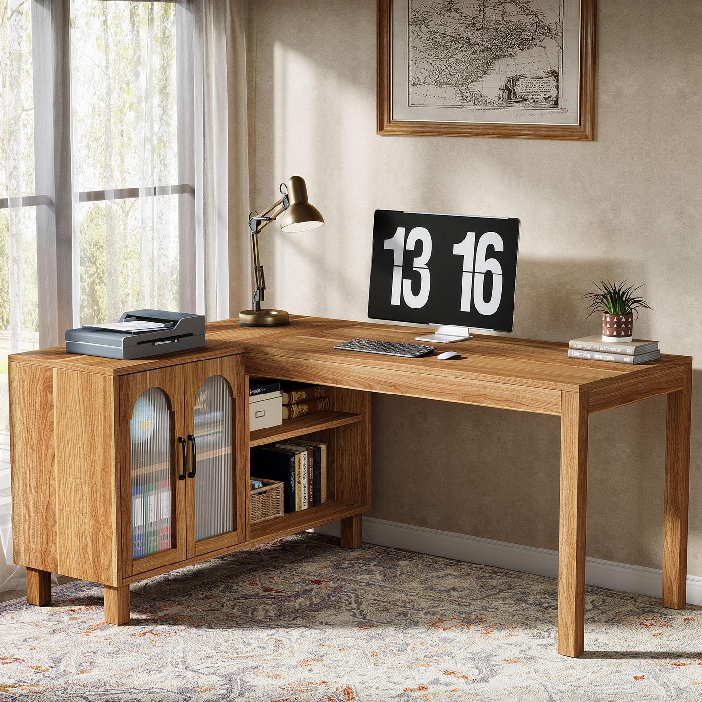 Tribesigns 59-Inch L-Shaped Desk with File Cabinet & Shelves, Brown