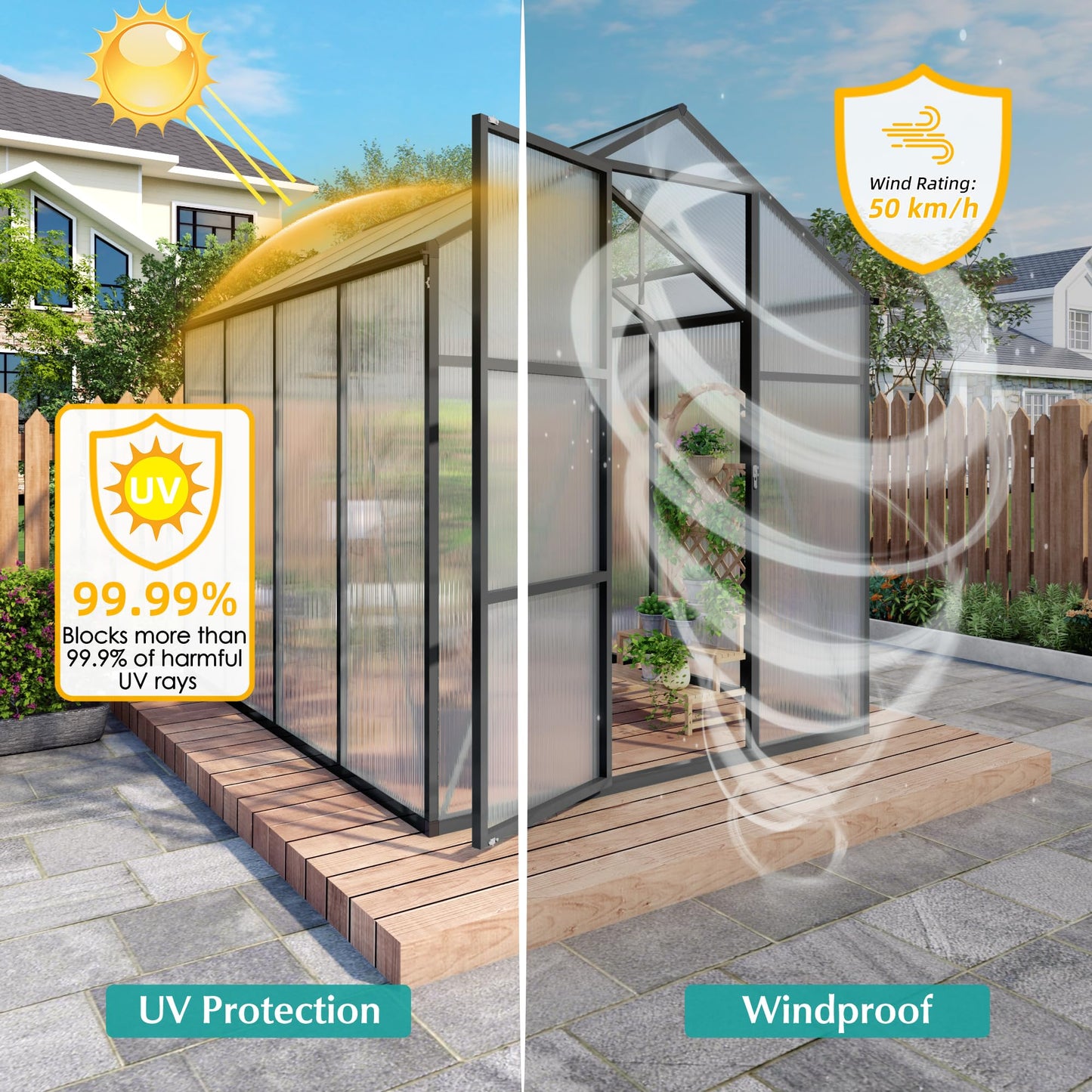 Walk-in Greenhouse 6x14FT, Aluminum Frame Polycarbonate Green House Kit, Heavy-Duty Plant Shelter with Vent Windows & Drainage System, UV Resistant Outdoor Garden Greenhouse for Vegetables Flowers