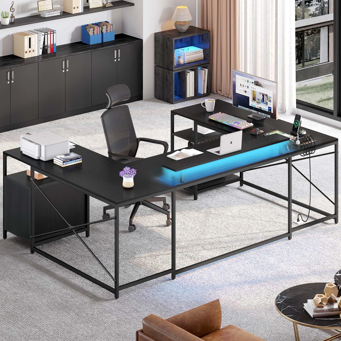 YITAHOME U Shaped Desk with Power Outlets & LED Lights, 79" Reversible L Shaped Desk with Drawers, Corner Computer Desk Office Desk with Monitor Stand & Storage Shelves, Black