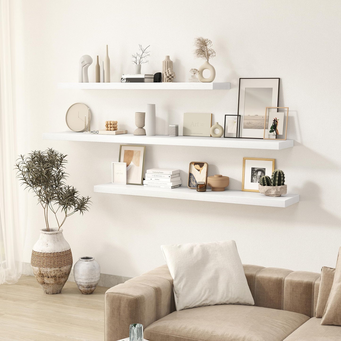 Fun Memories 72 Inch Floating Shelves for Wall 2 Pack Shelves for Bedroom|Kitchen|Bathroom 72 x 9.3 Inch Wood Floating Shelf with Invisible Brackets for Books|Storage|Decor, White