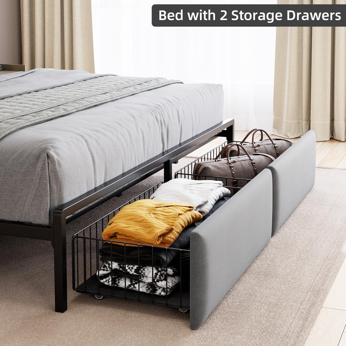 GarveeHome King Bed Frame with 2 Storage Drawers, LED Bed Frame with 2-Tier Storage Headboard&Charging Station, Metal Platform Bed Frame, No Box Spring Needed, Noise Free, Grey