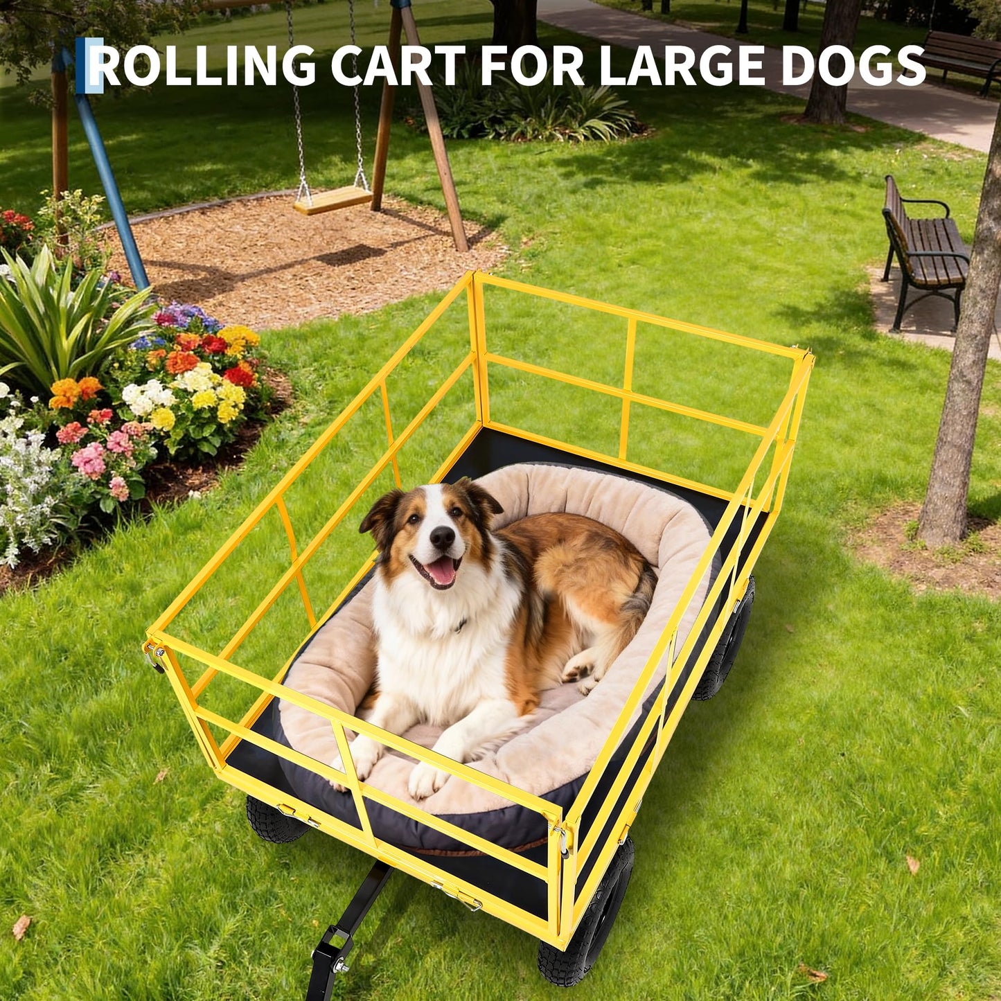 1500 lbs Steel Garden Cart, Folding Utility Wagon with Removable Sides, Garden Wagon Cart on Wheels, Metal Utility Wagon Yard Trailer with 13 in Tires180° and Swivel Handle, Yellow