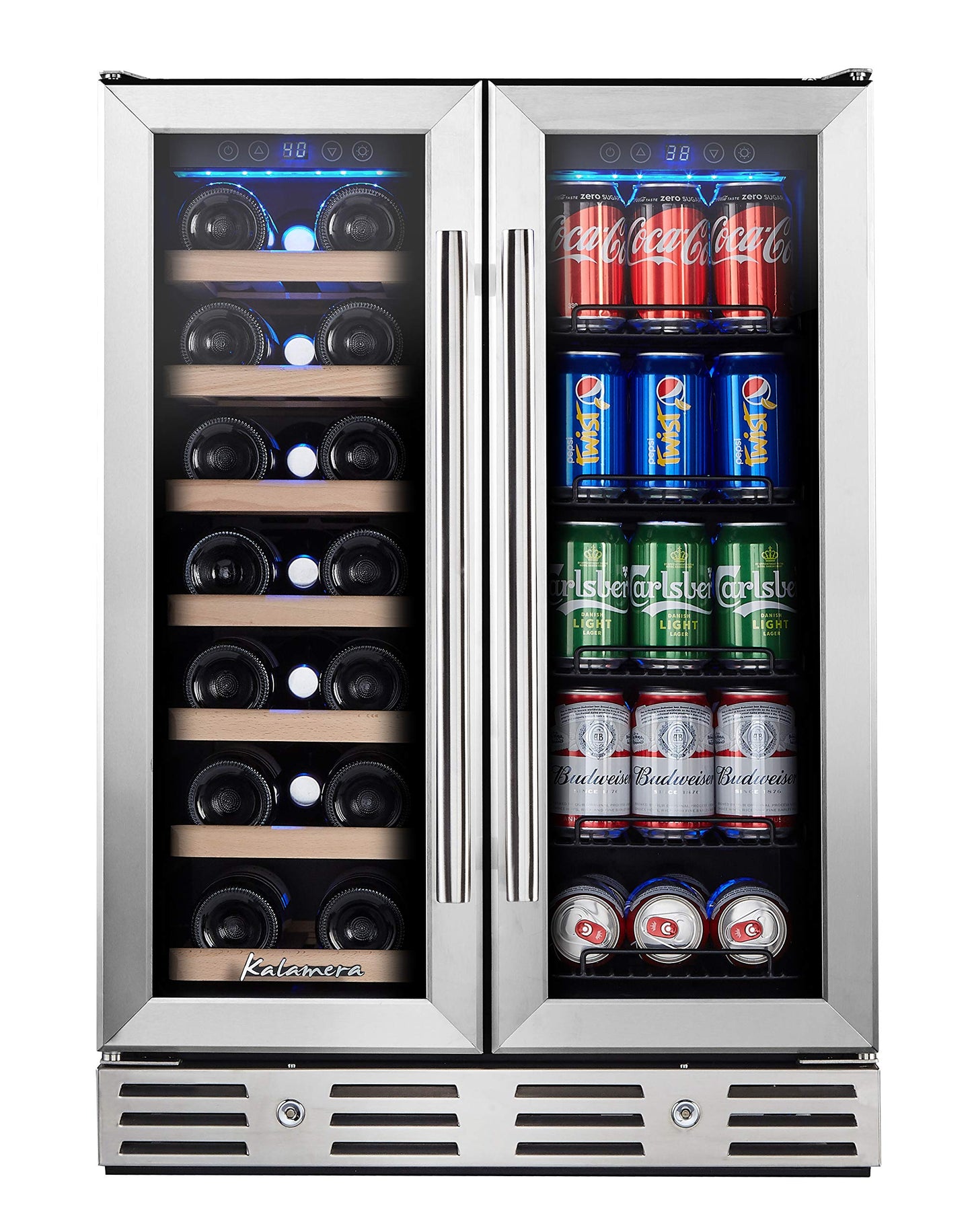24 Inch Wine and Beverage Fridge, Wine Refrigerator Dual Zone Hold 20 Bottles and 78 Cans,Built-In or Freestanding Digital Touch Control