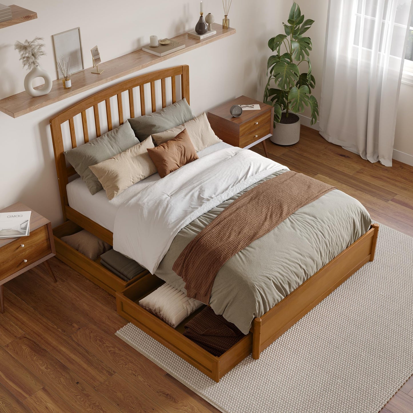 AFI, Lucia Full Platform Bed with Panel Footboard & Storage Drawers, Light Toffee