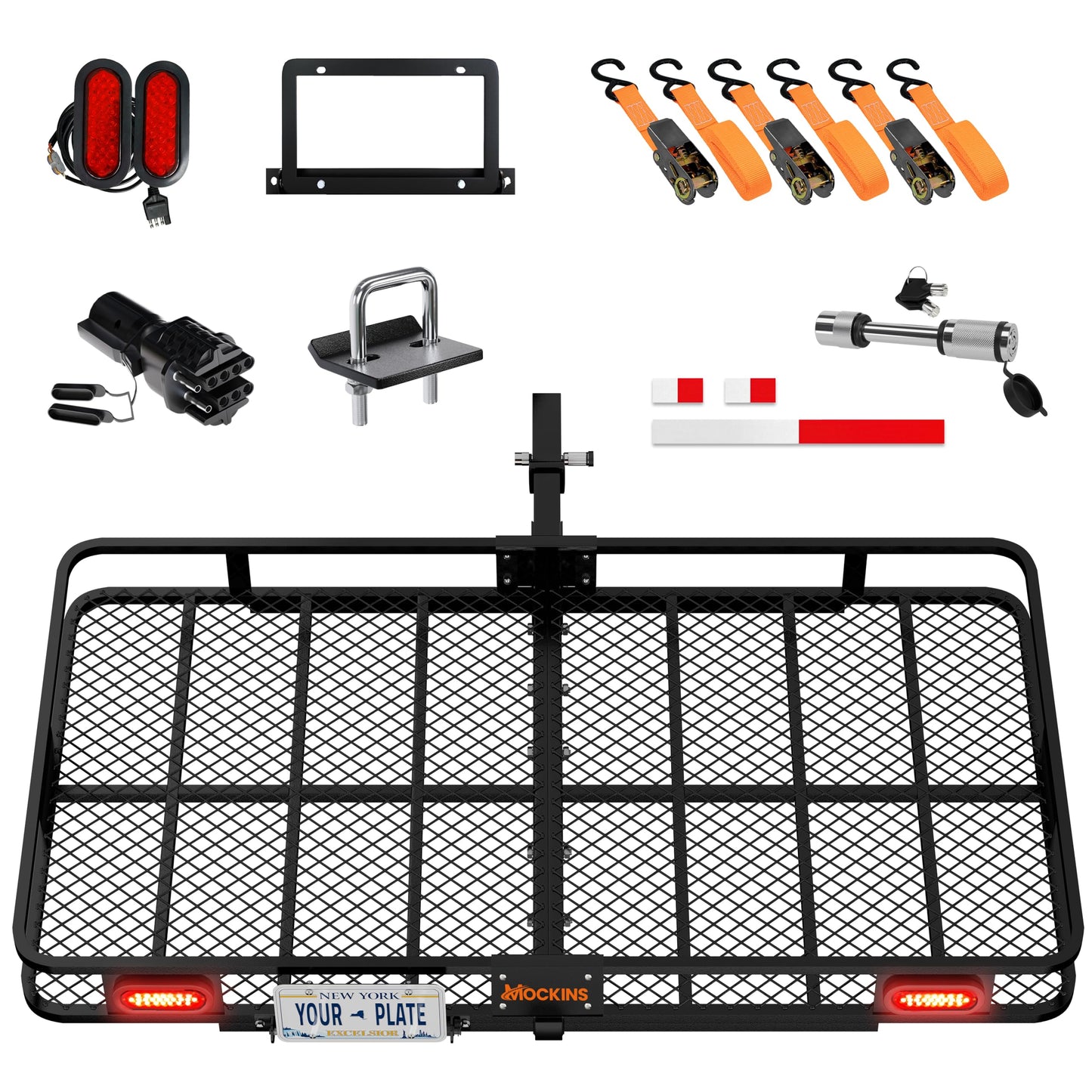 Mockins 72"x36"x6" XXL Folding Trailer Hitch Cargo Carrier w/Rear Lights & Plate Bracket | All-Weather Steel Luggage Rack for SUV Car & Truck | 500Lbs Cap Cargo Racks for Trailer Hitch & Accessories
