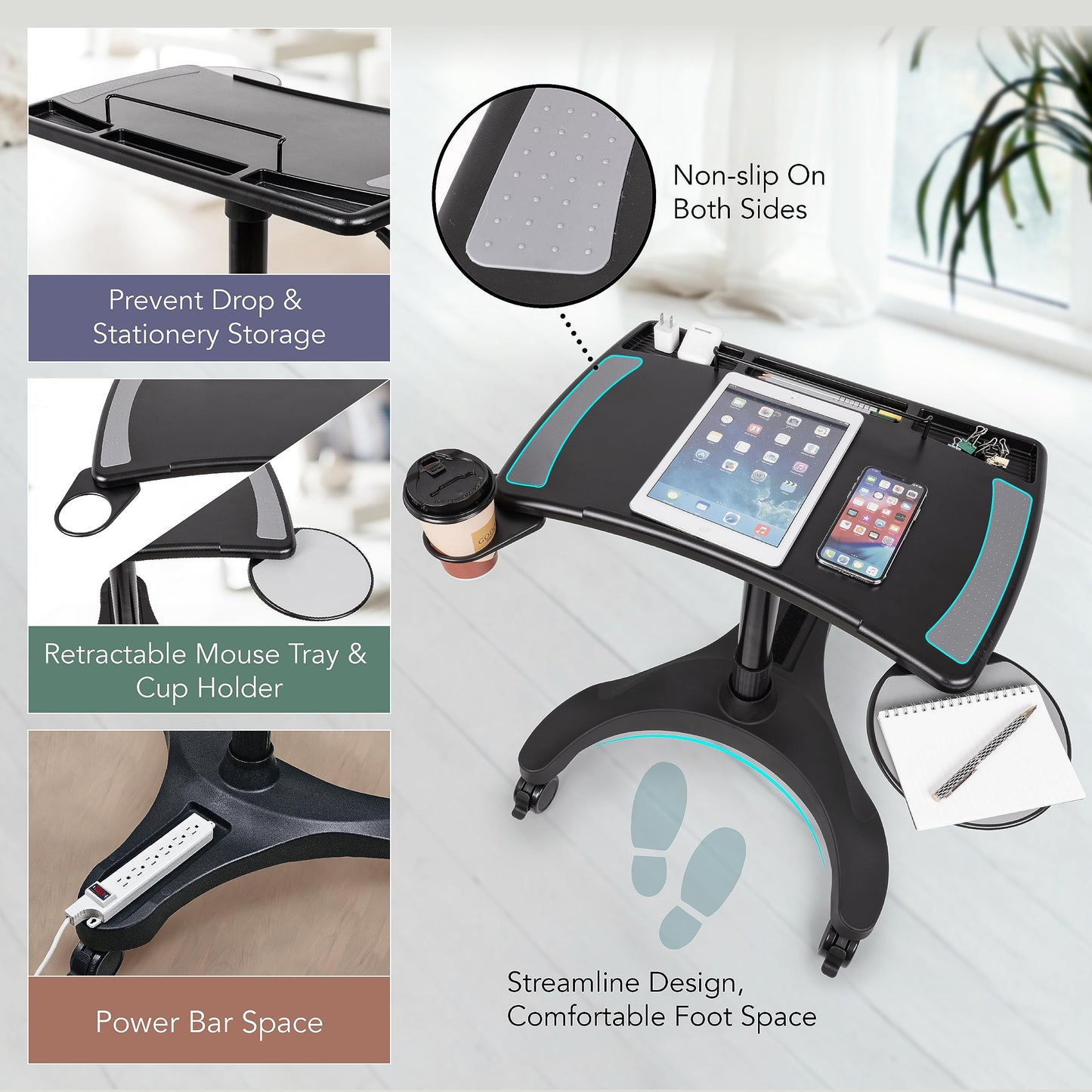 EHO Mobile Laptop Standing Desk Carts on Wheels with Stationery Storage, Pneumatic, Height Adjustable Rolling Stand, Sit to Stand Computer Cart, Workstation for Home, Office, Medical and School