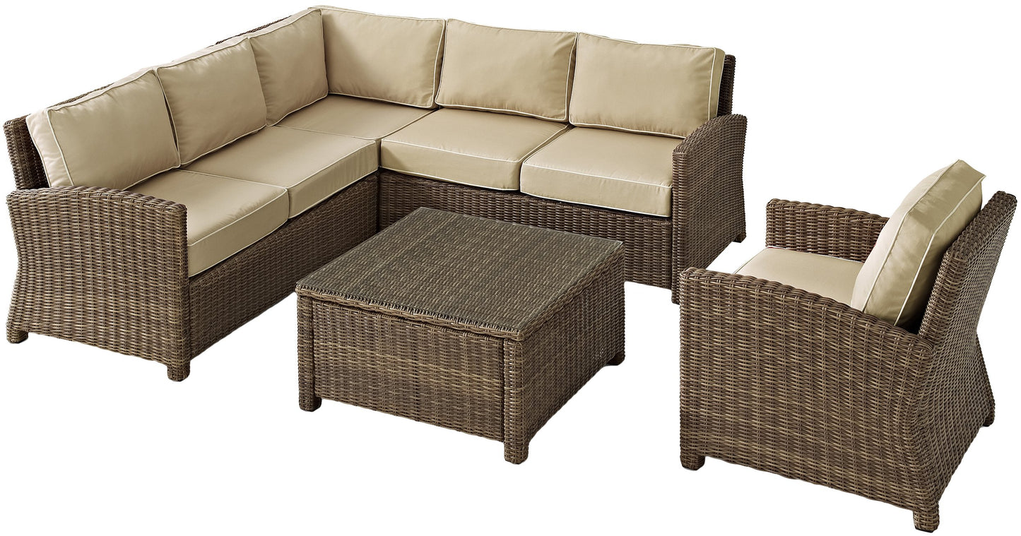 Crosley Furniture Bradenton 5-Piece Outdoor Sectional Sofa Wicker Conversation Patio Furniture Set for Deck, Brown with Sand Cushions