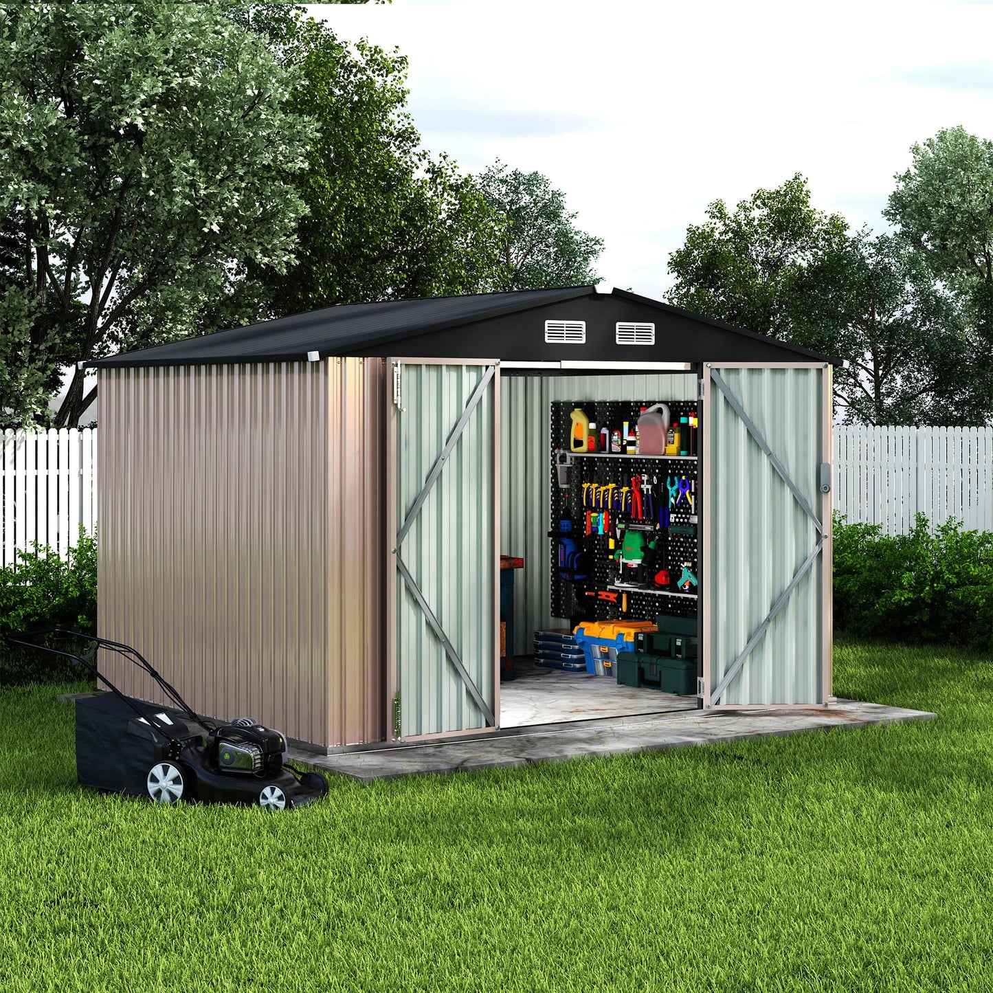 8X10 ft Outdoor Storage Shed, Galvanized Steel Metal Tool Shed with Secure Lockable Door & Air Ventilation System, Rust-Resistant Utility Shed for Garden, Backyard, Easy Assembly & All-Season Use