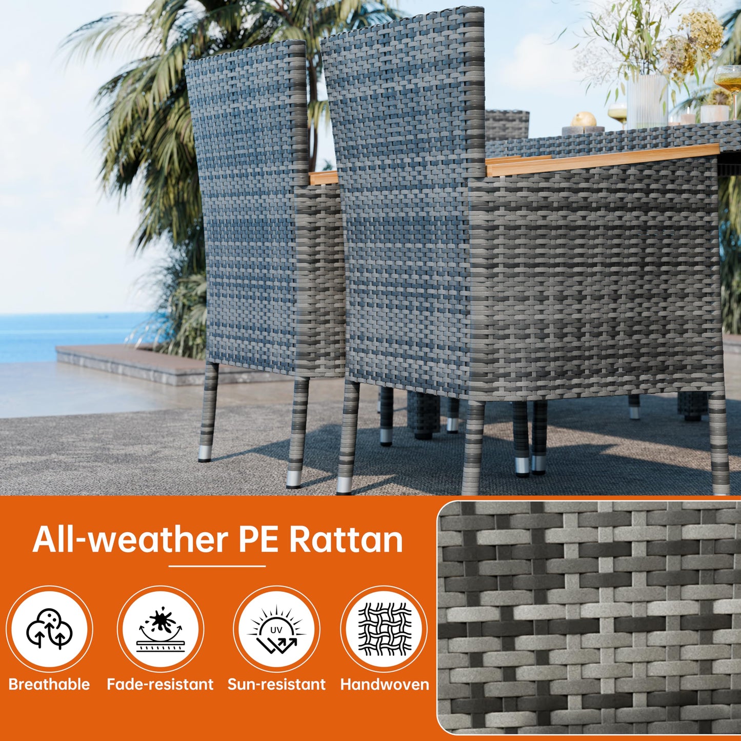 Shintenchi 7 PCS Patio Dining Set, Wicker Patio Conversation Set with Wooden Table Top, Outdoor Table and Chairs with Soft Cushions for Backyard, Deck and Garden, Grey Rattan